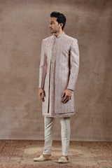 Pastel Pink Silk Sherwani With Geometric Embroidery