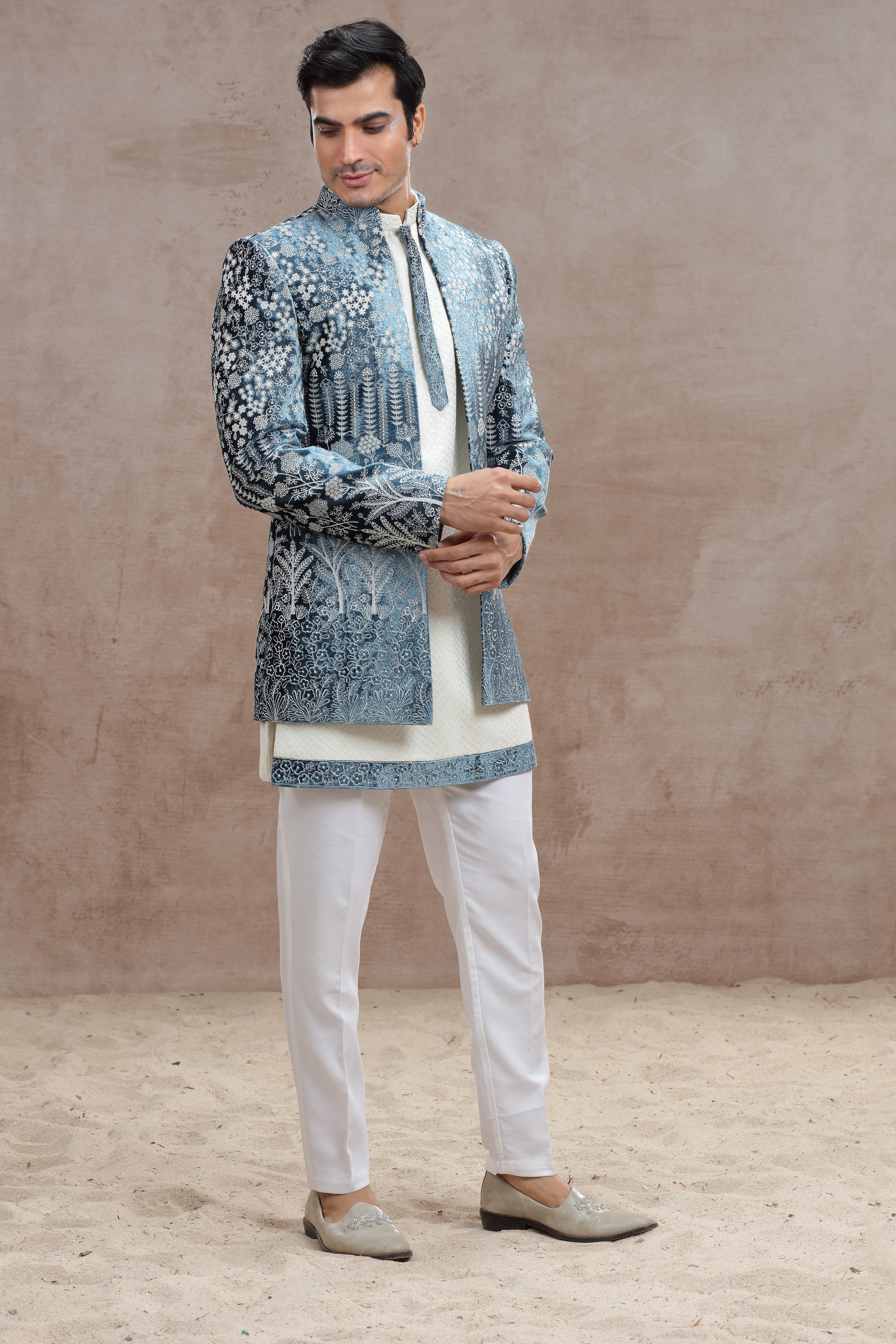 White and Blue Indo Western with Chikankari & Thread Work