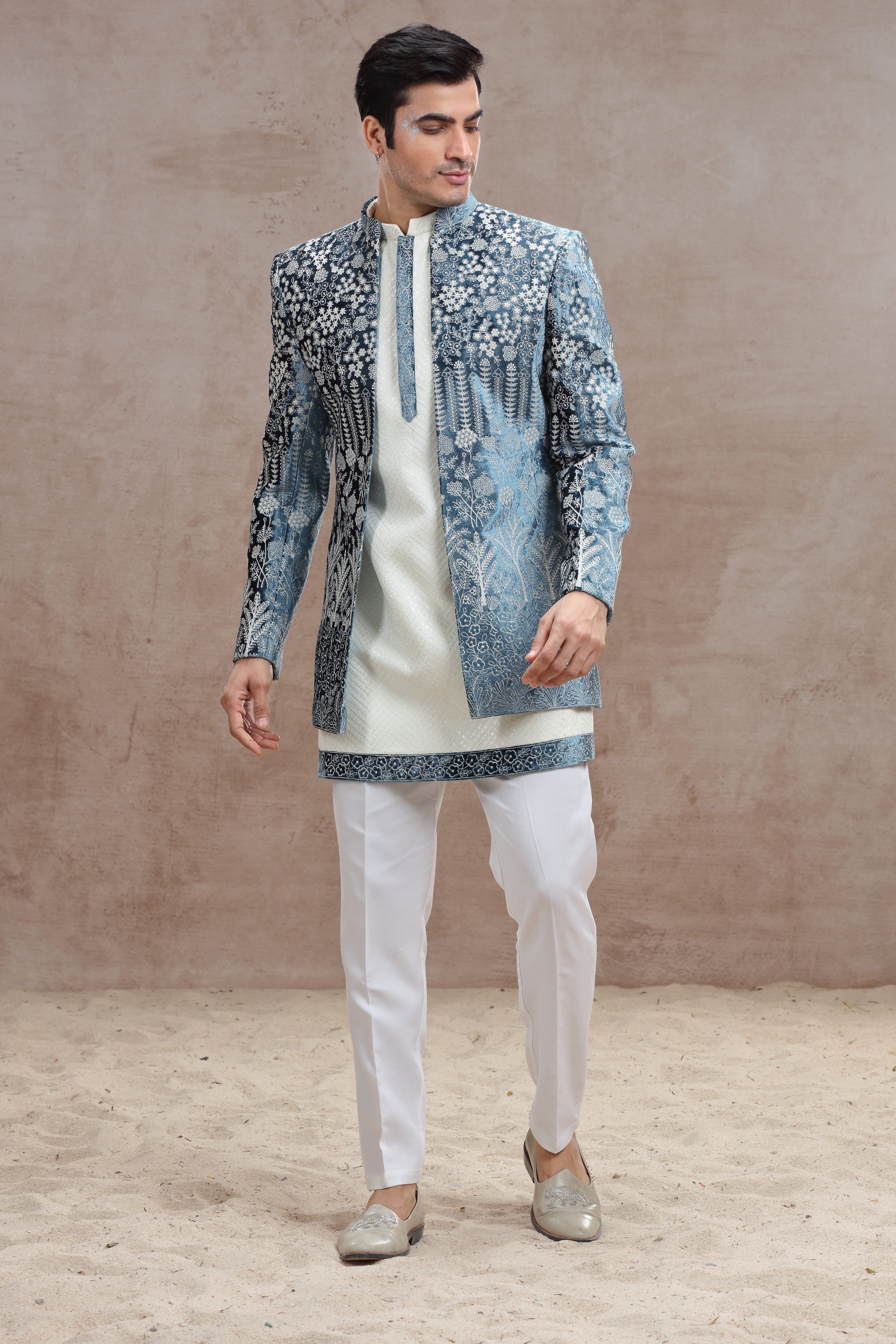 White and Blue Indo Western with Chikankari & Thread Work