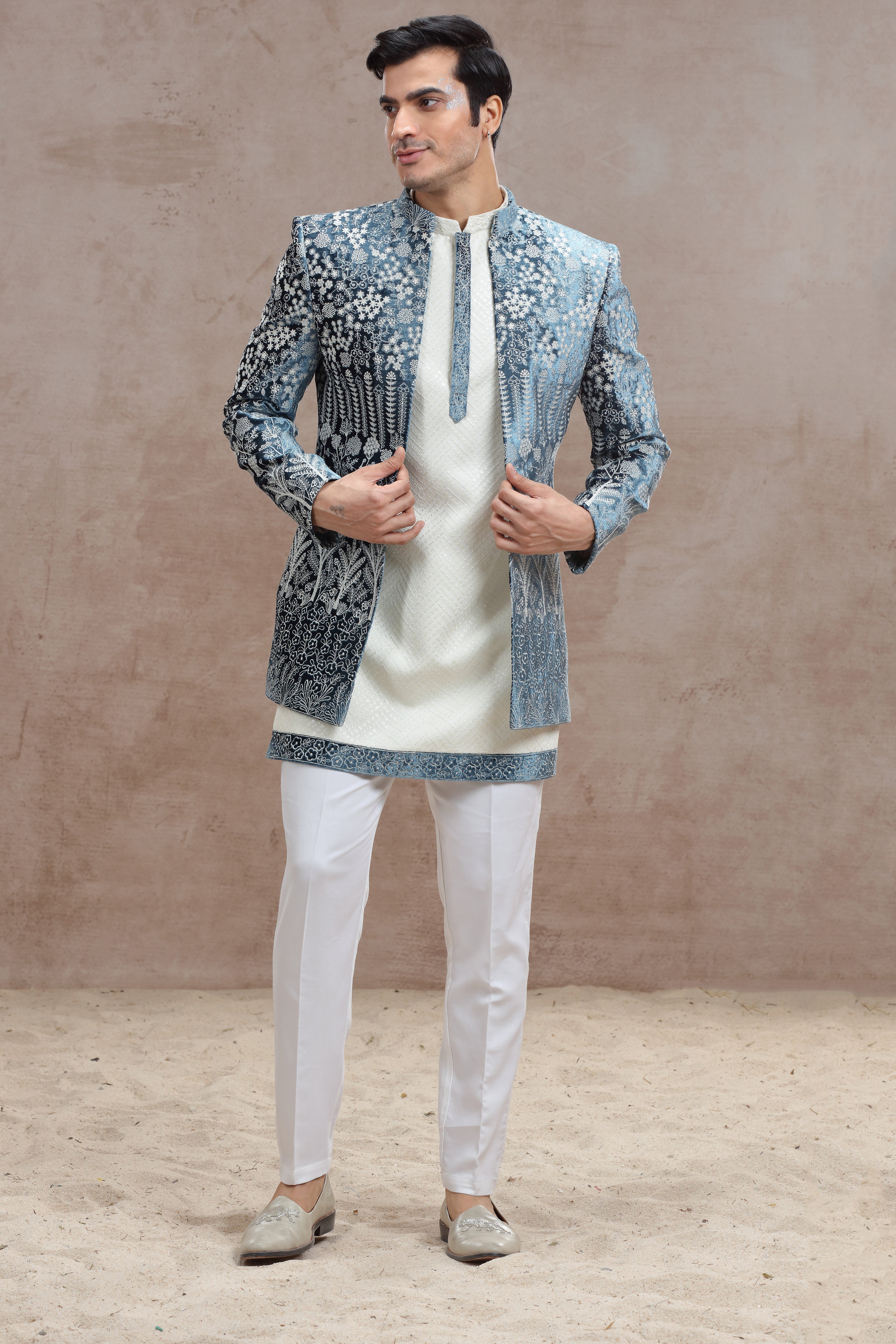 White and Blue Indo Western with Chikankari & Thread Work