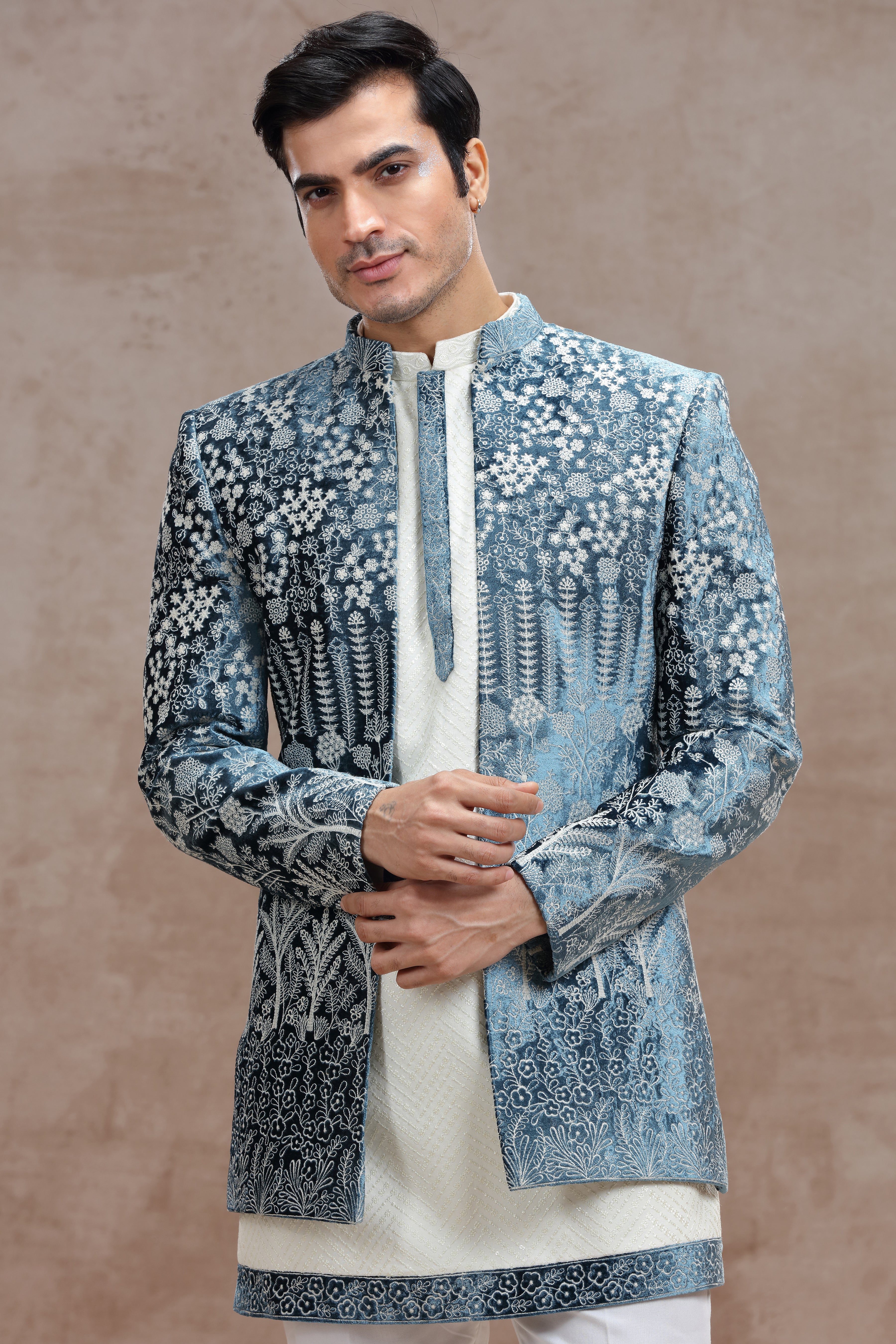 White and Blue Indo Western with Chikankari & Thread Work