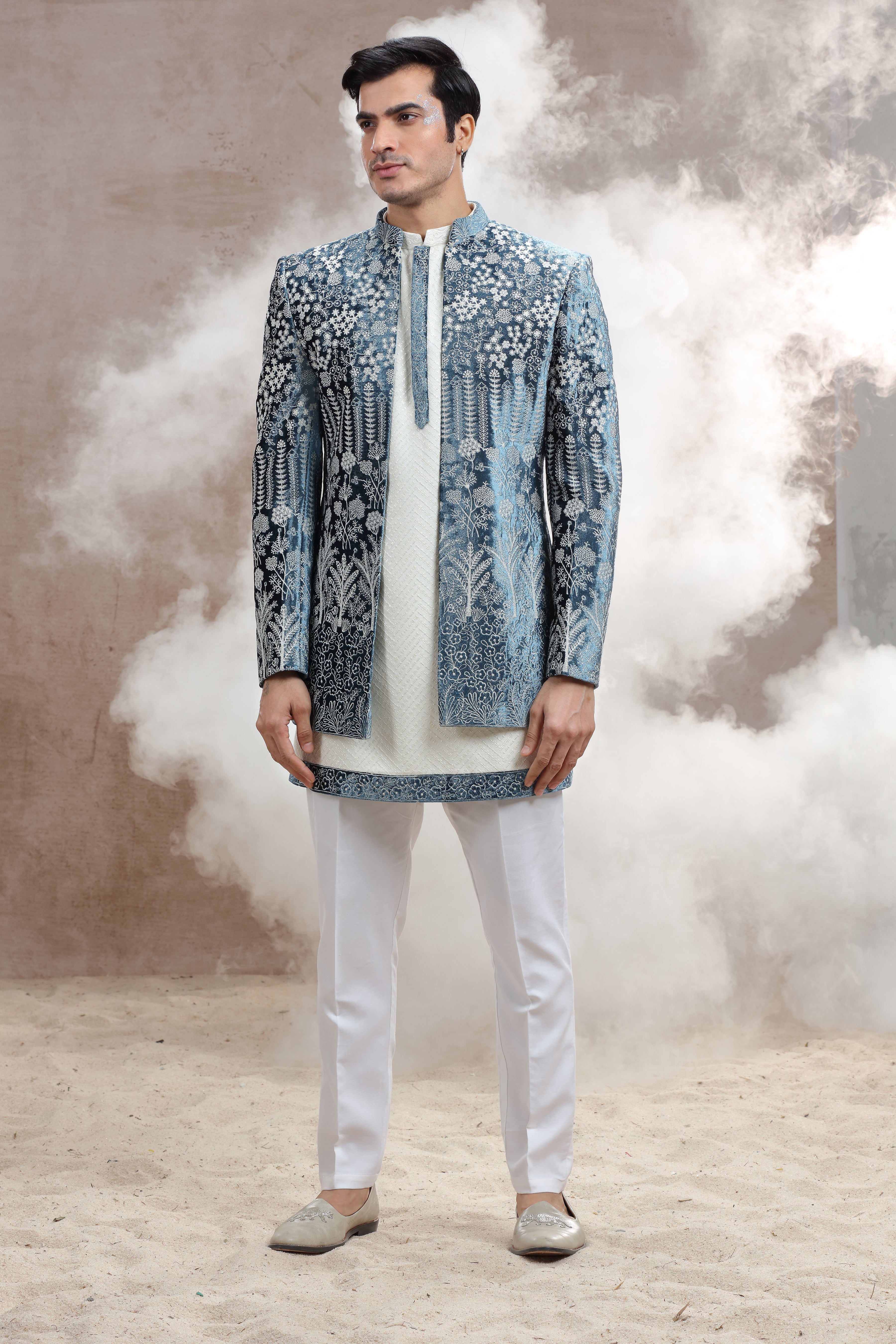 White and Blue Indo Western with Chikankari & Thread Work