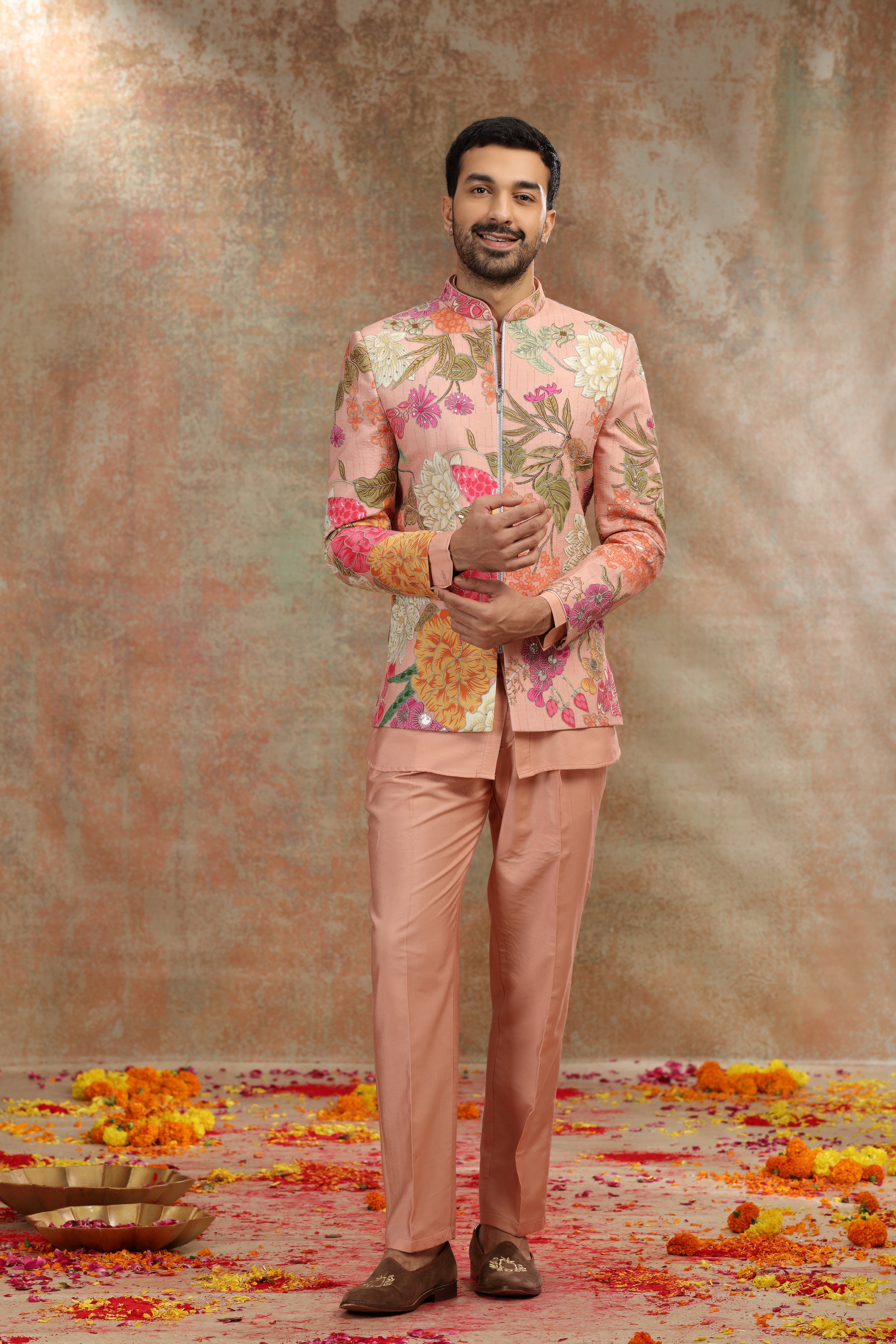 green emerald velvet dress Jodhpuri Suit Jacquard Pink Woven Mens – Kajols main image 0