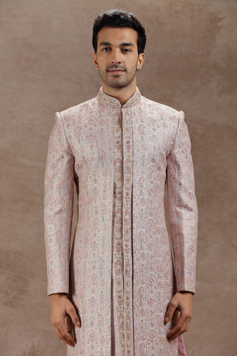 Pastel Pink Silk Sherwani With Geometric Embroidery