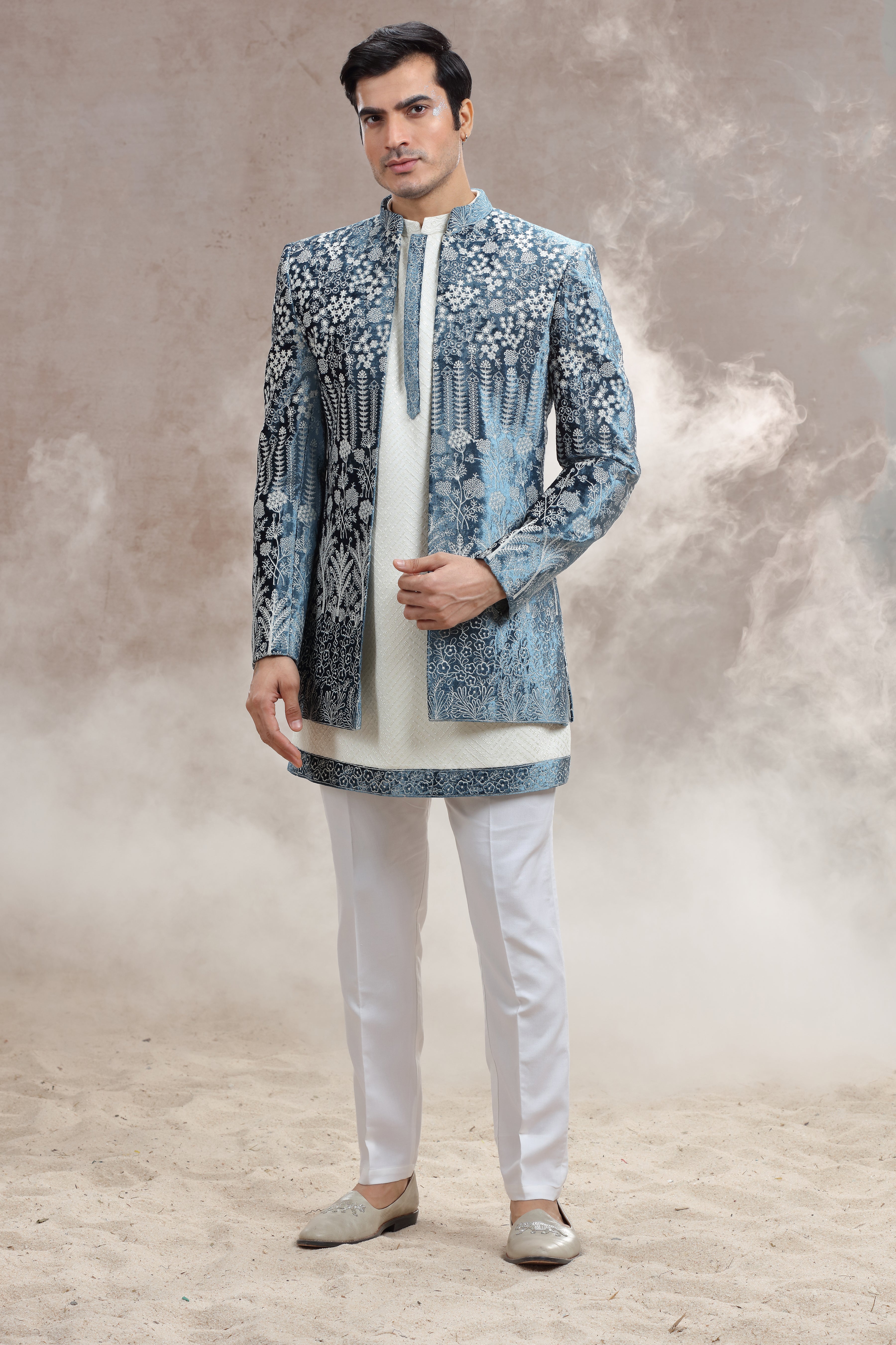 White and Blue Indo Western with Chikankari & Thread Work