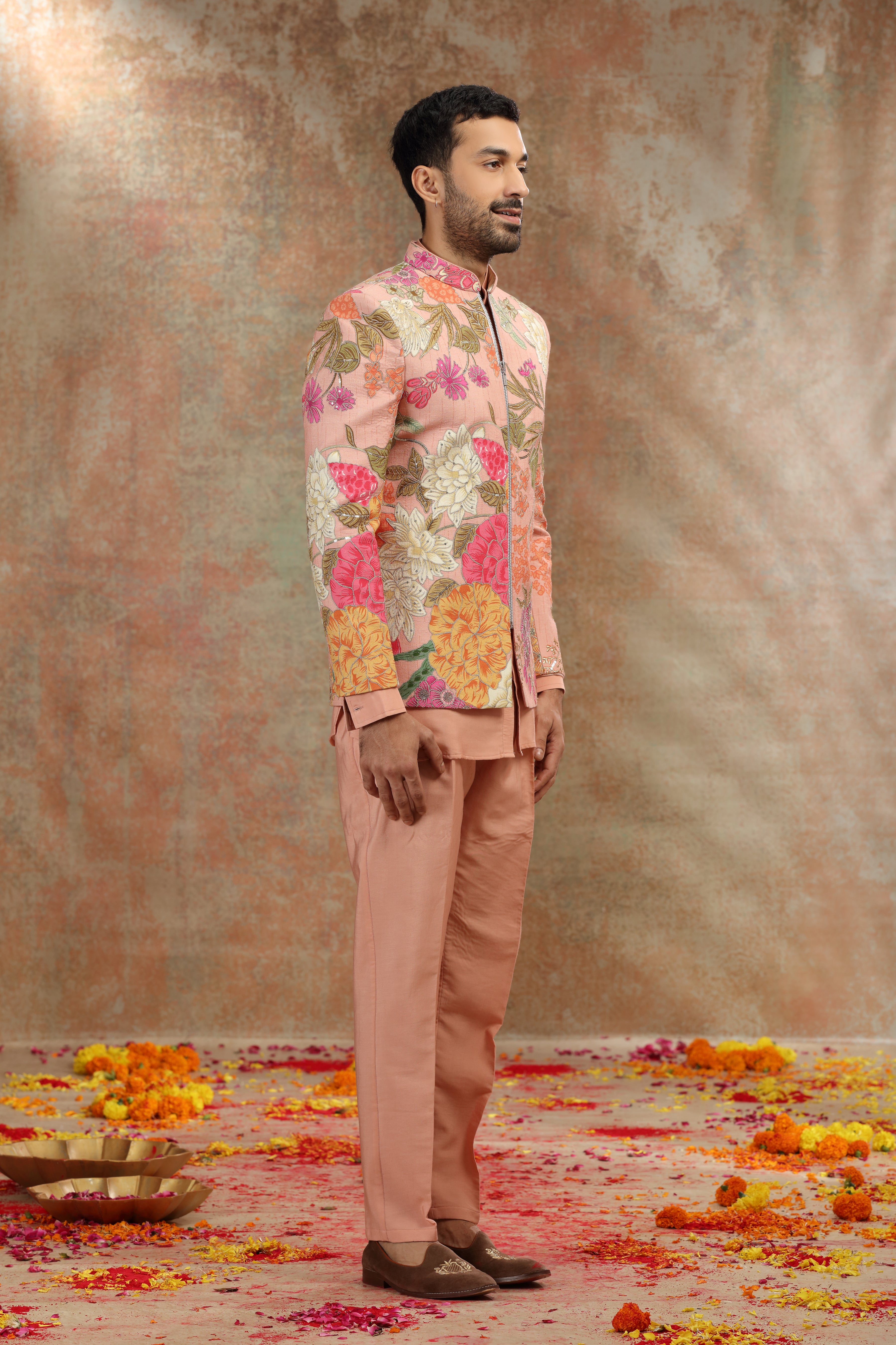Onion Pink Silk Jodhpuri with Dori and Sequins