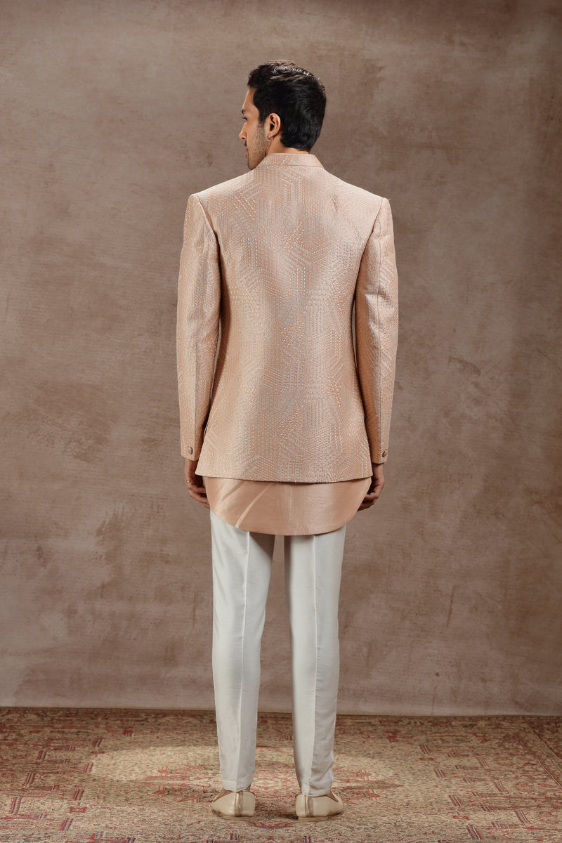 Peach Indowestern Jacket Set with All-Over Embroidery