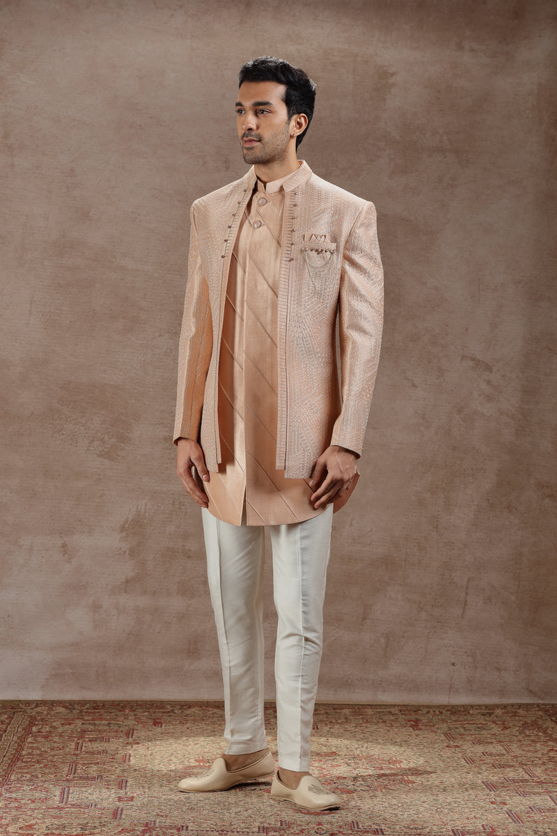Peach Indowestern Jacket Set with All-Over Embroidery