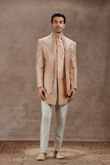 Peach Indowestern Jacket Set with All-Over Embroidery