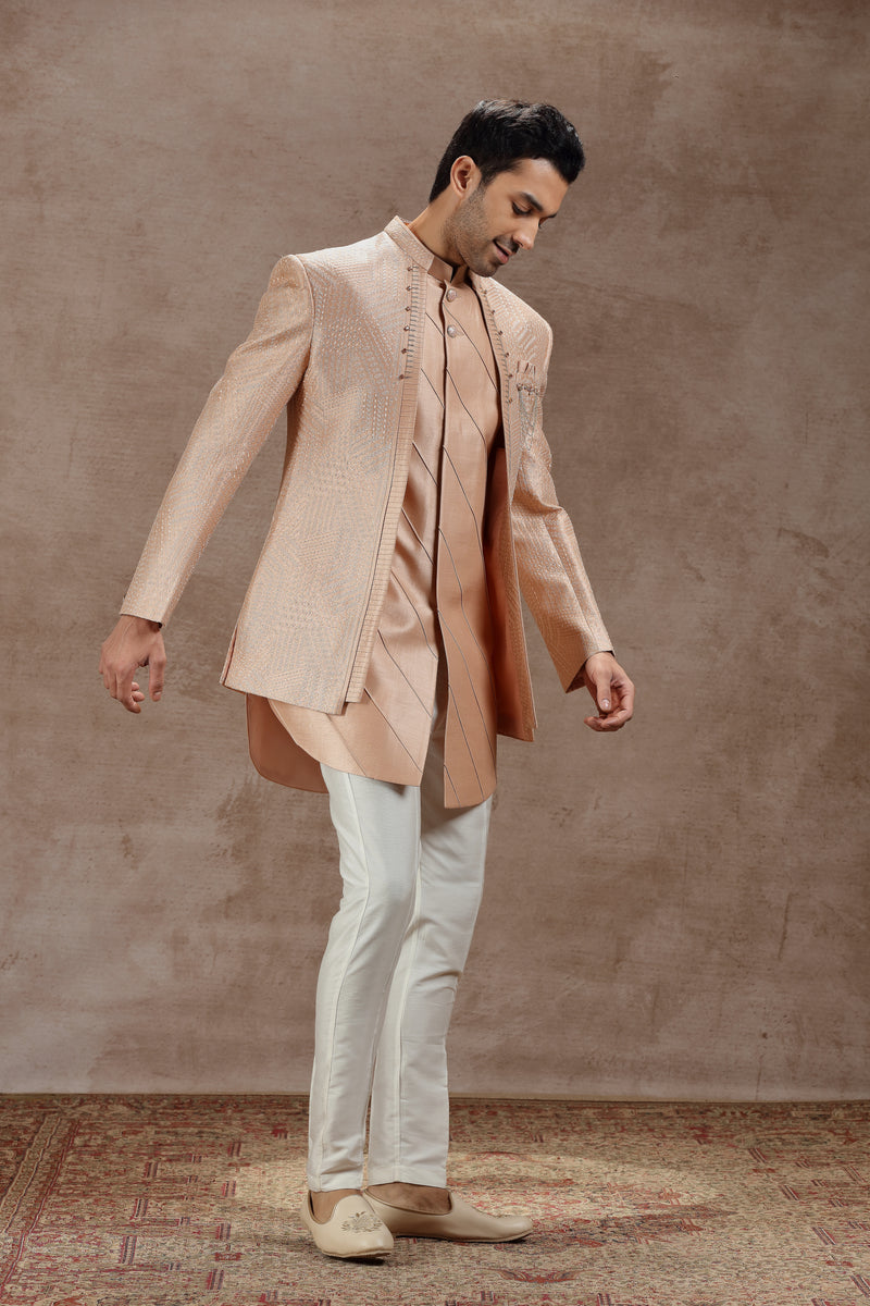 Peach Indowestern Jacket Set with All-Over Embroidery