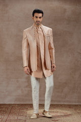 Peach Indowestern Jacket Set with All-Over Embroidery