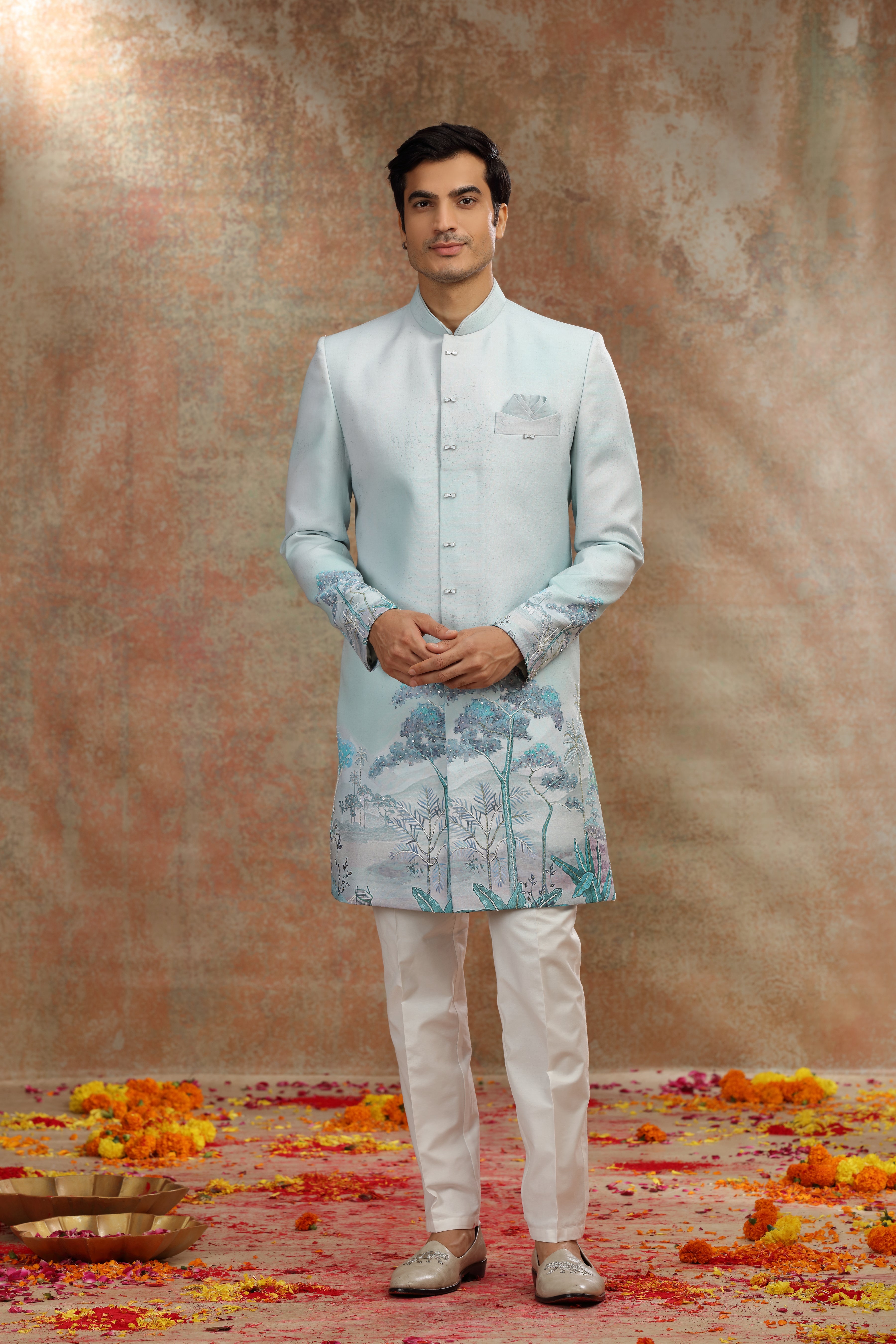 Sea Green Ombre Silk Indo Western with Cutdana Work