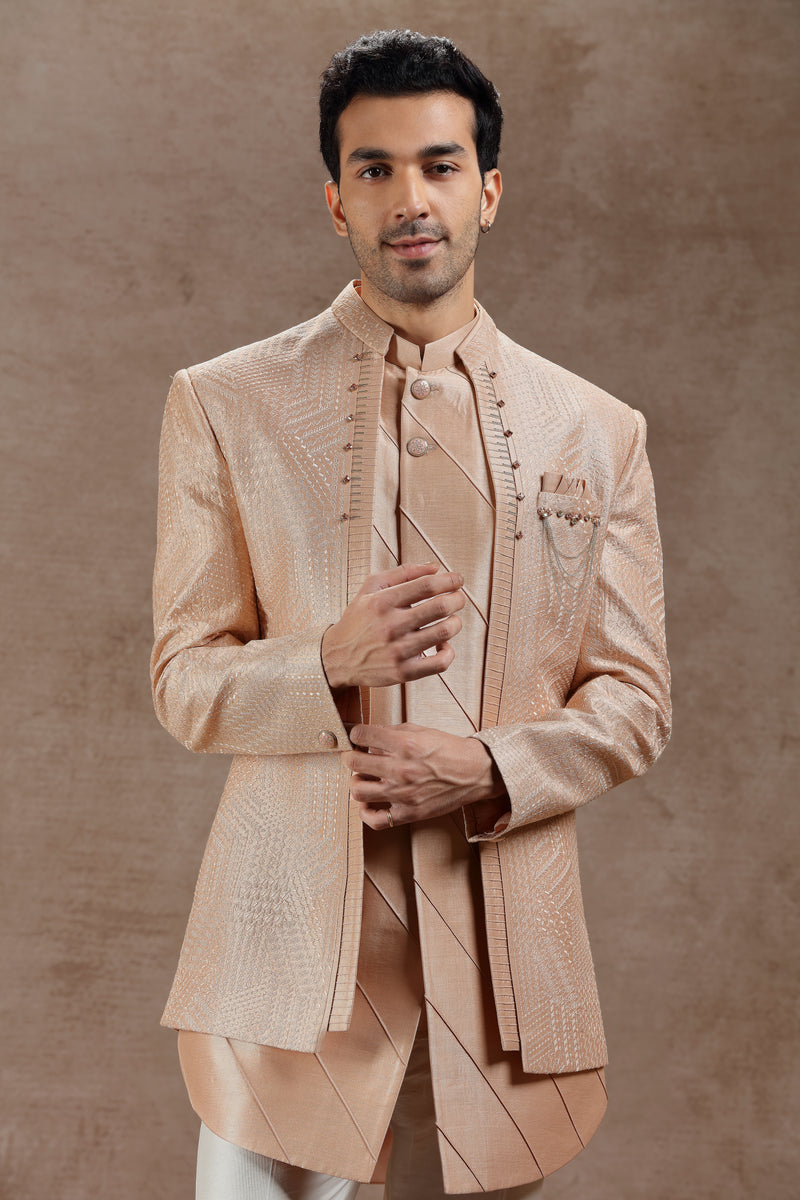 Peach Indowestern Jacket Set with All-Over Embroidery