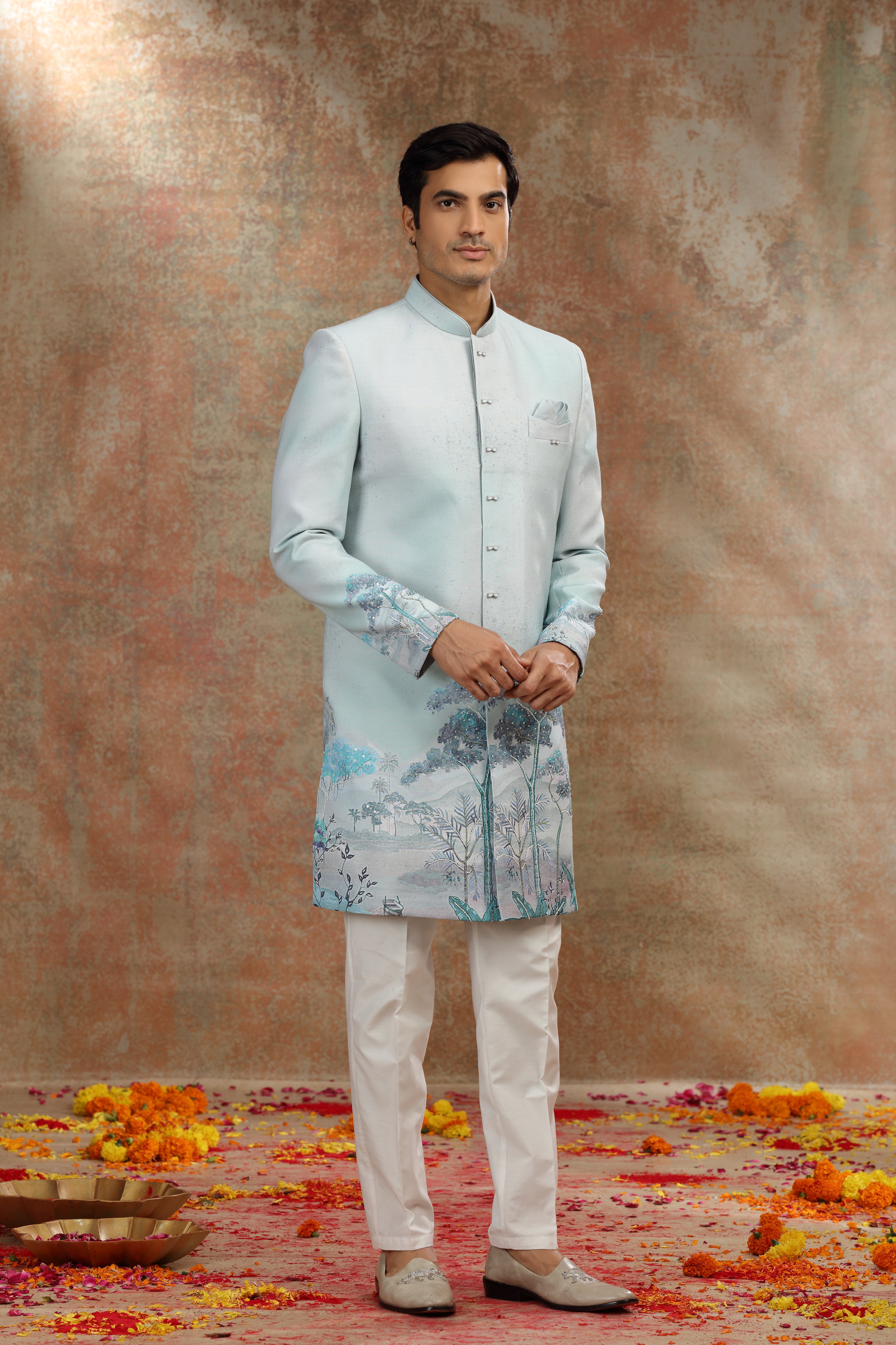 Sea Green Ombre Silk Indo Western with Cutdana Work