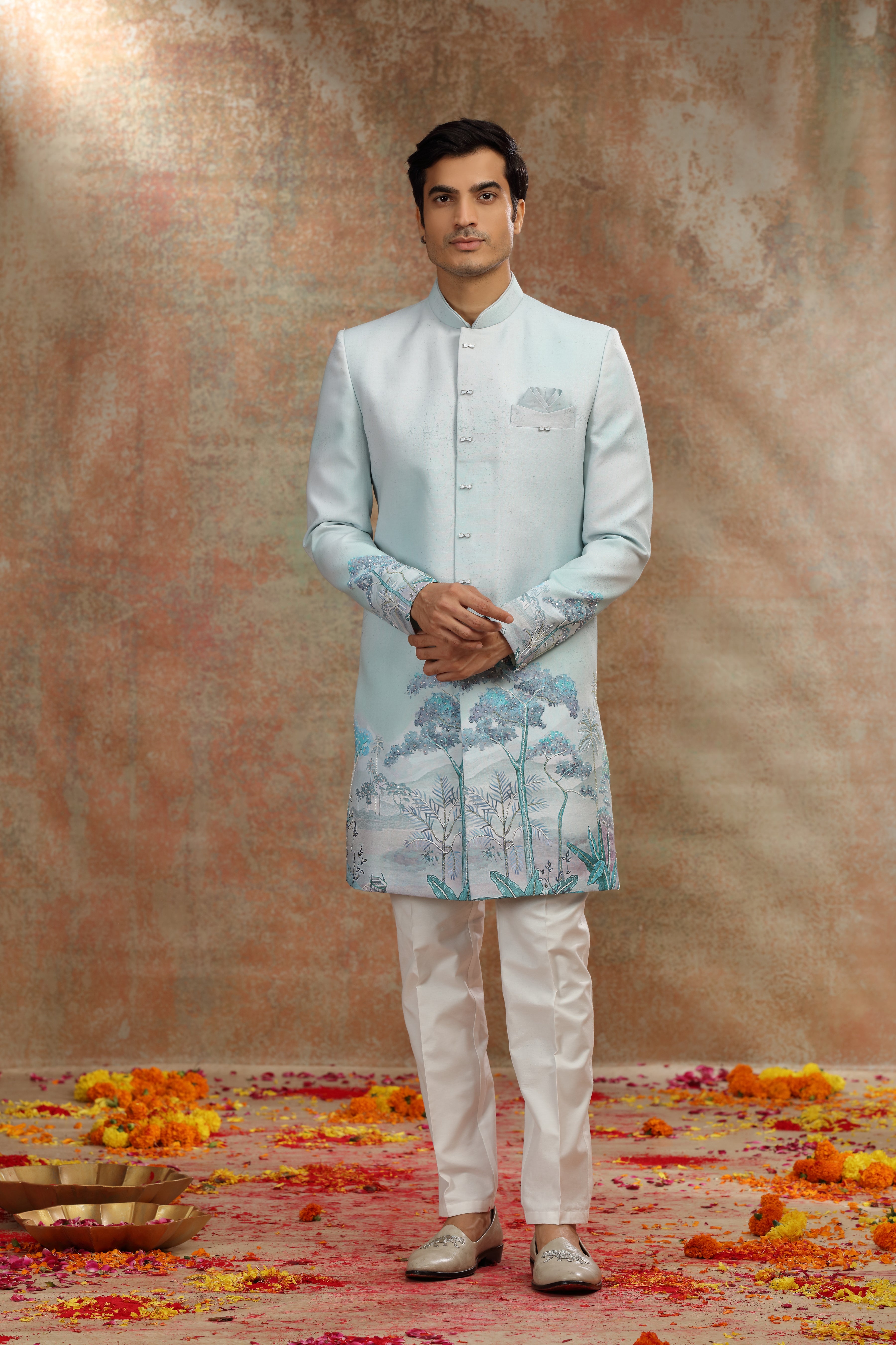 Sea Green Ombre Silk Indo Western with Cutdana Work