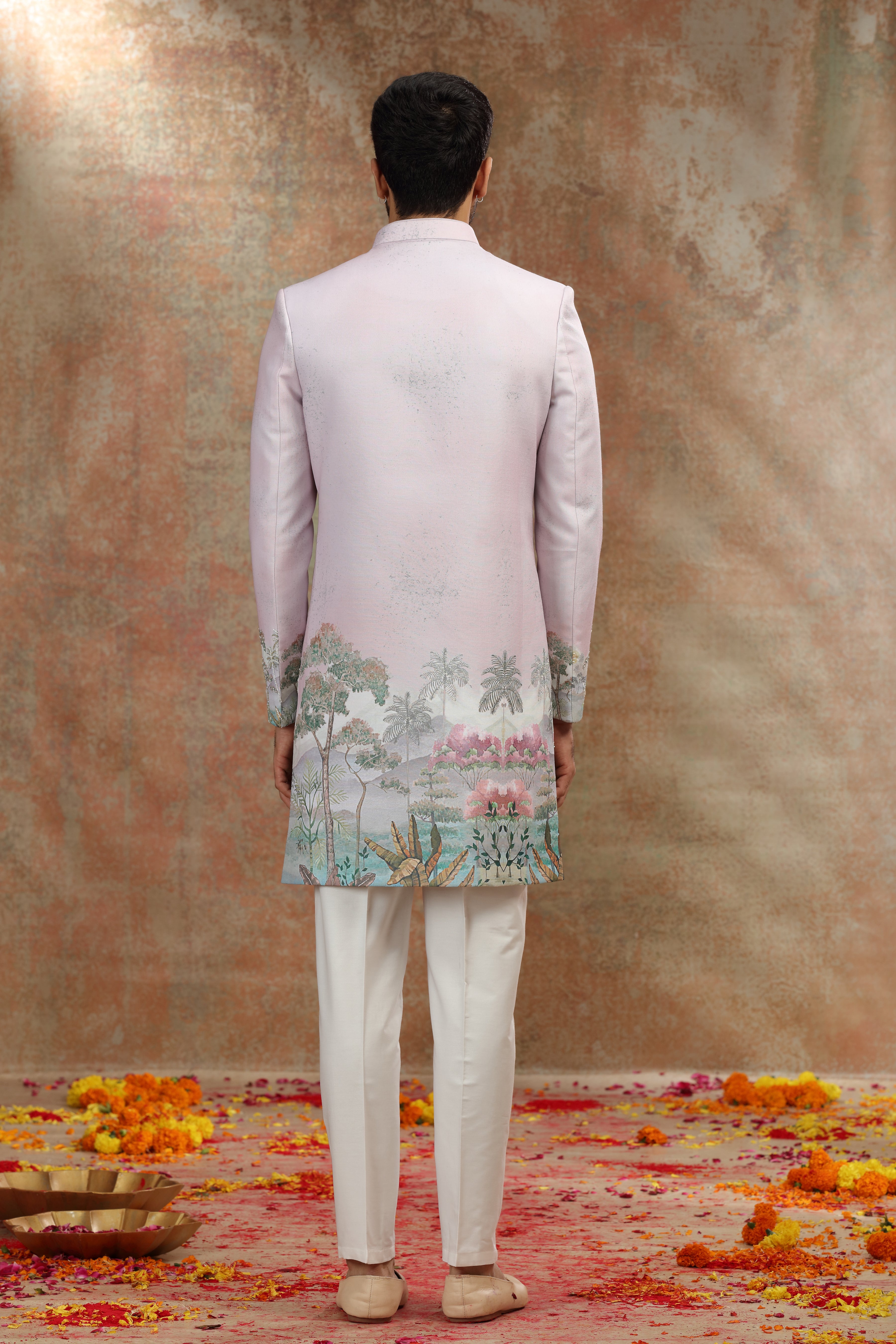 Onion Pink Ombre Silk Indo Western with Print Work