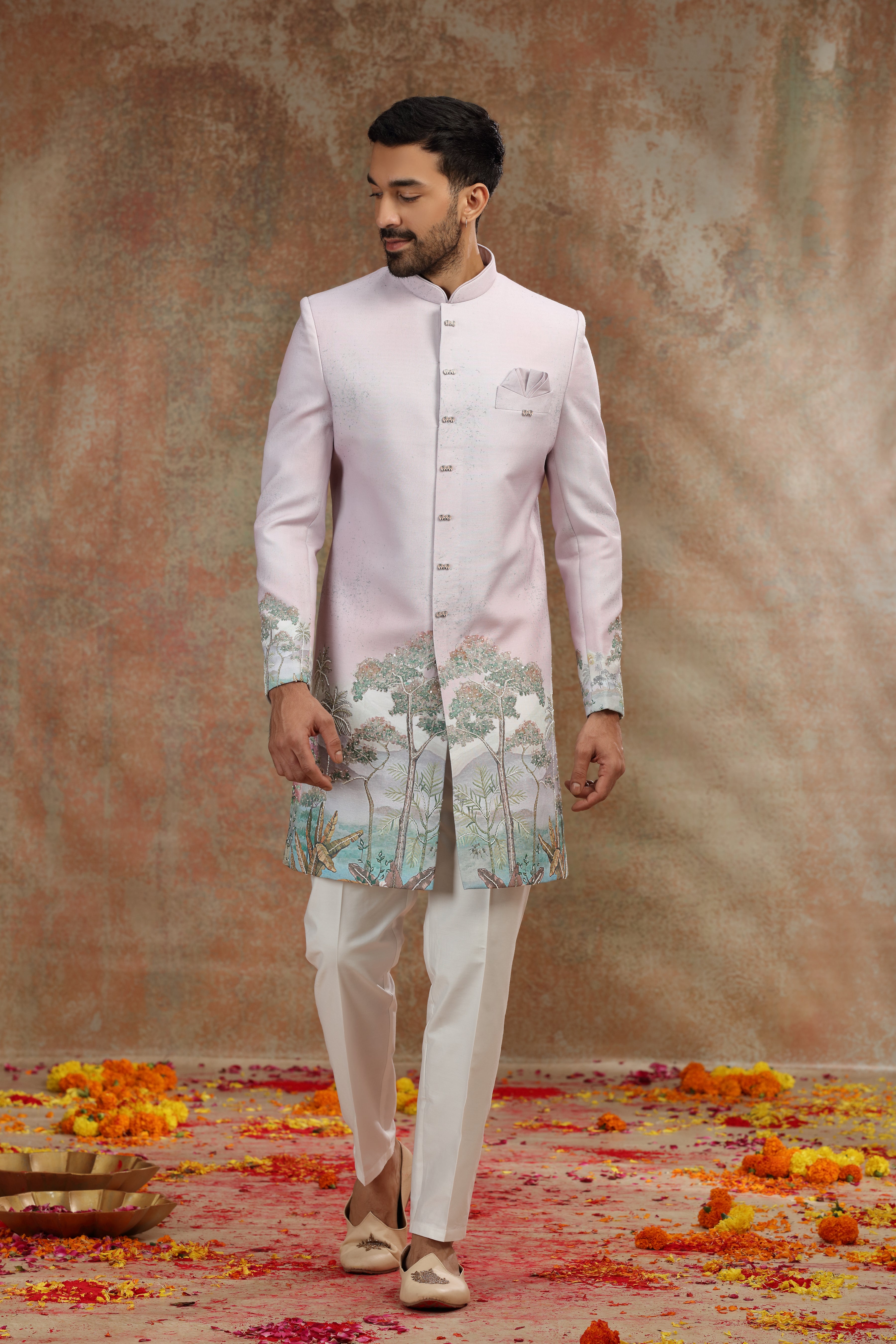 Onion Pink Ombre Silk Indo Western with Print Work