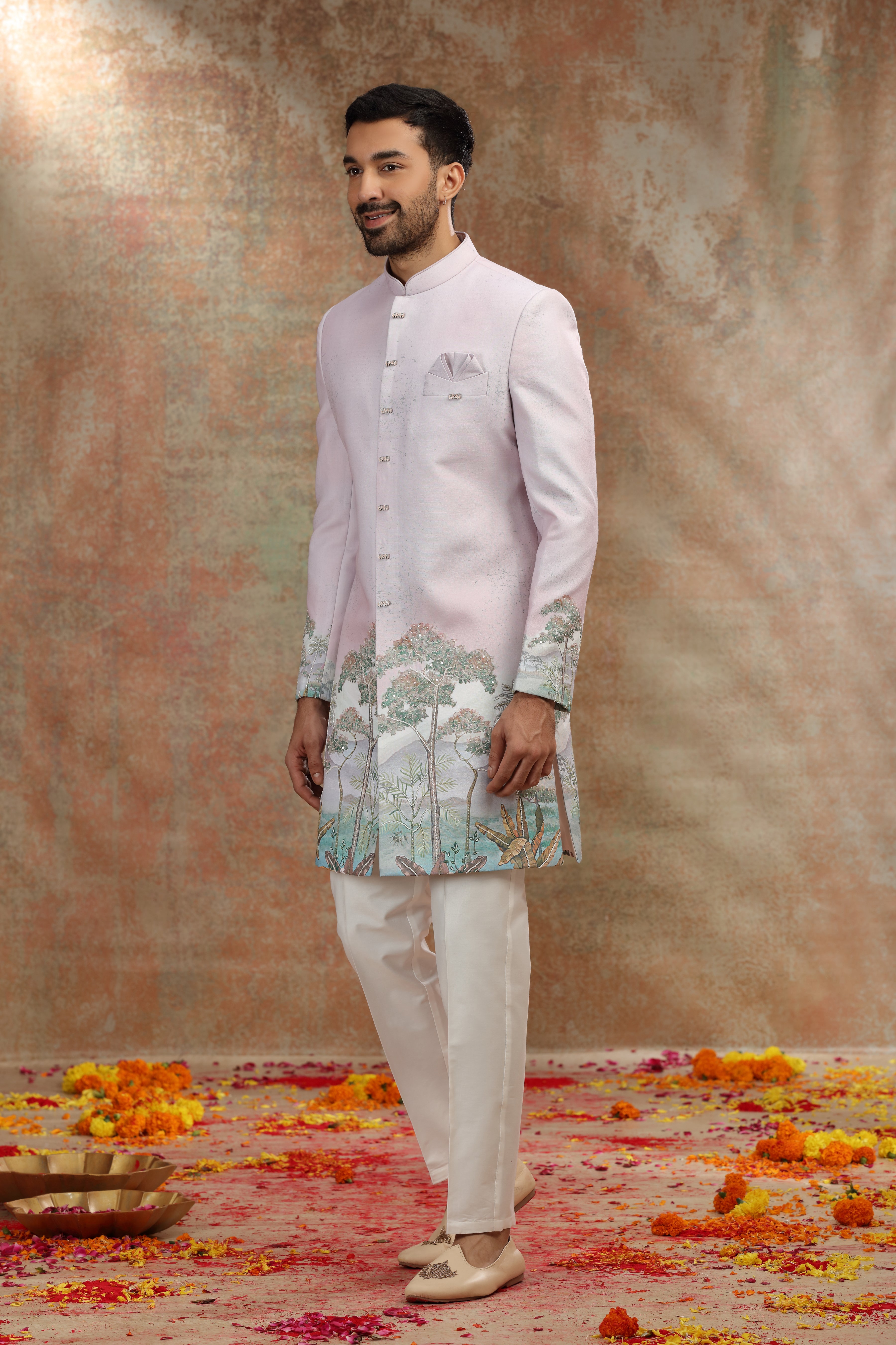 Onion Pink Ombre Silk Indo Western with Print Work