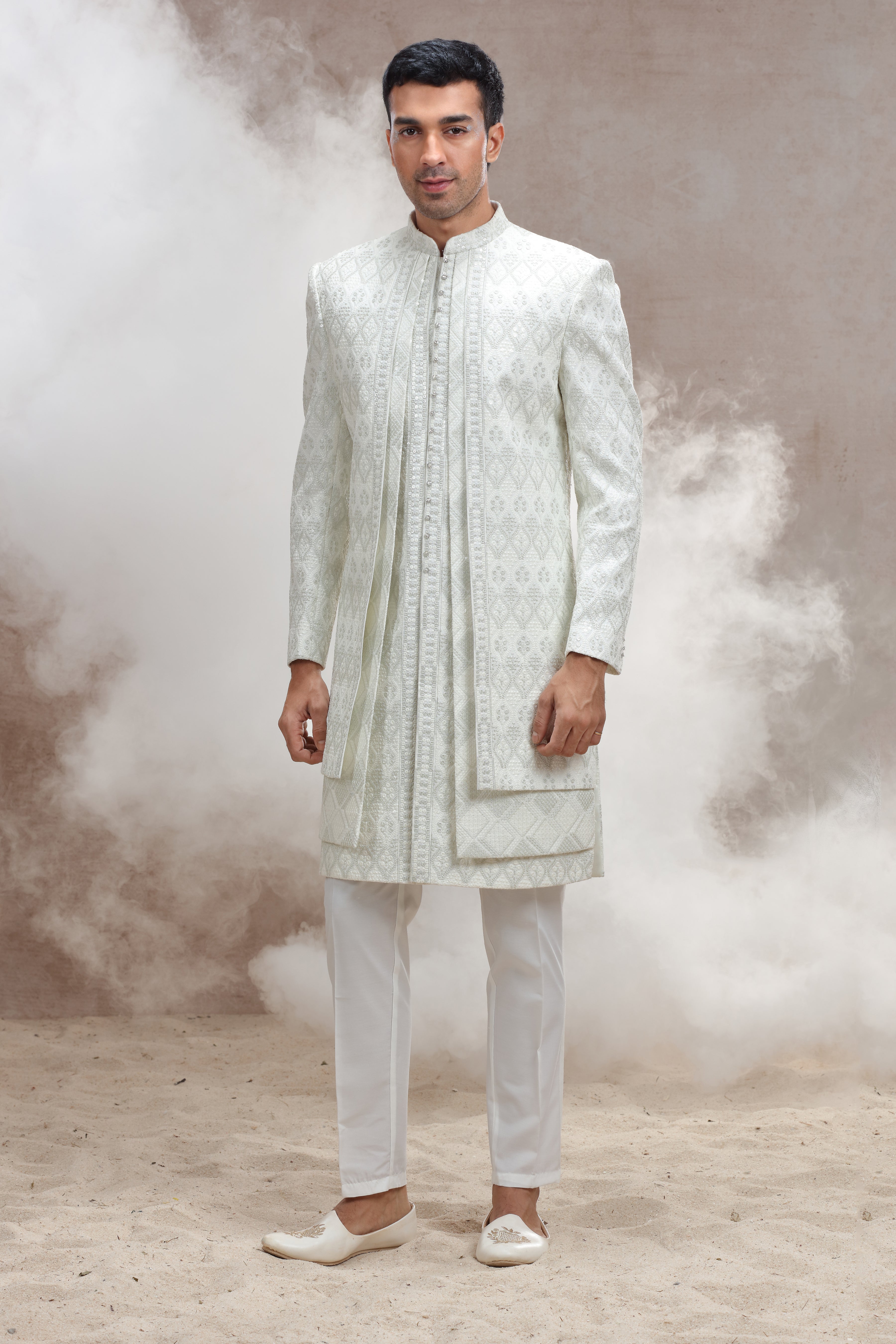 Ivory Sherwani with Elegant Thread Work & Sequences