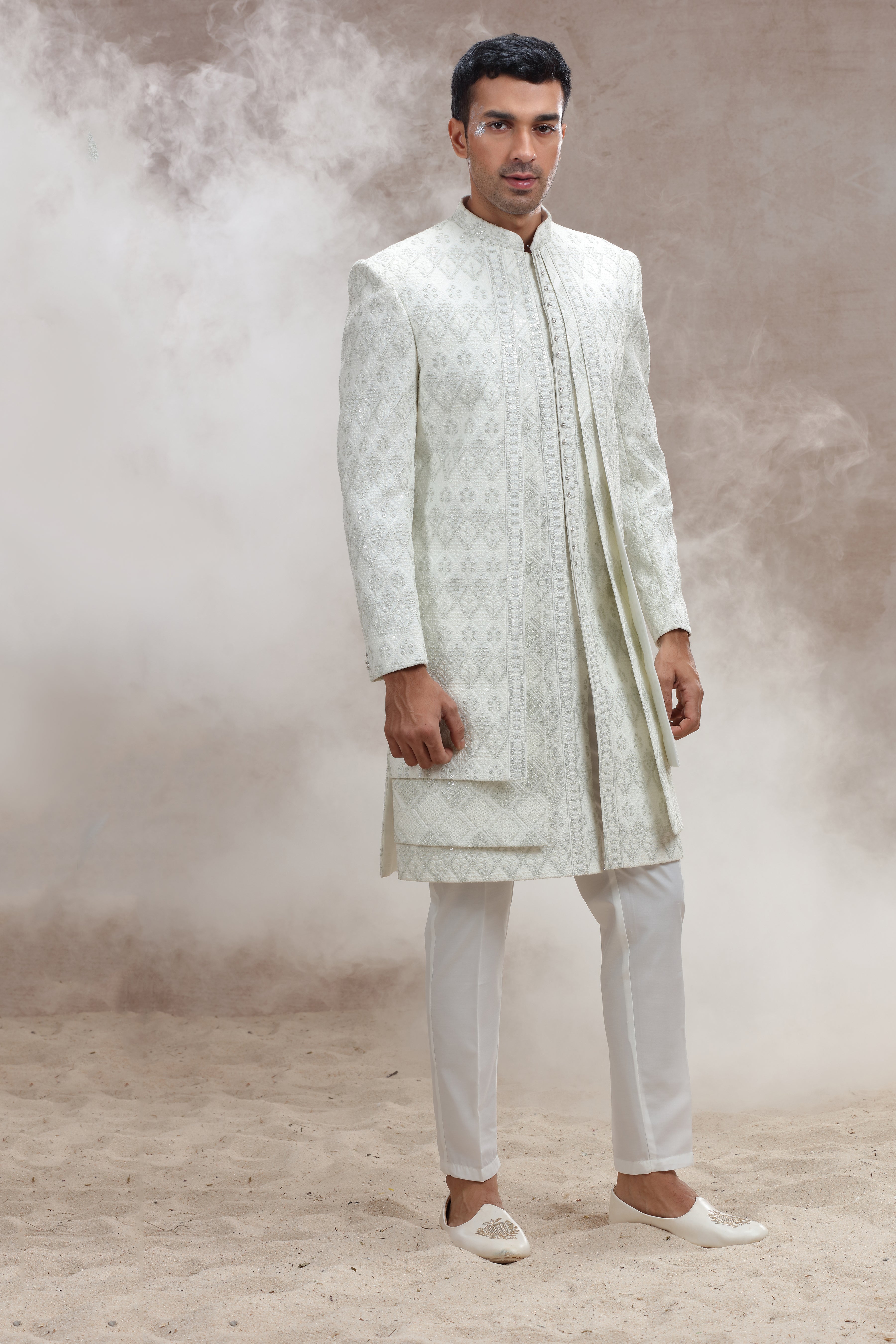 Ivory Sherwani with Elegant Thread Work & Sequences