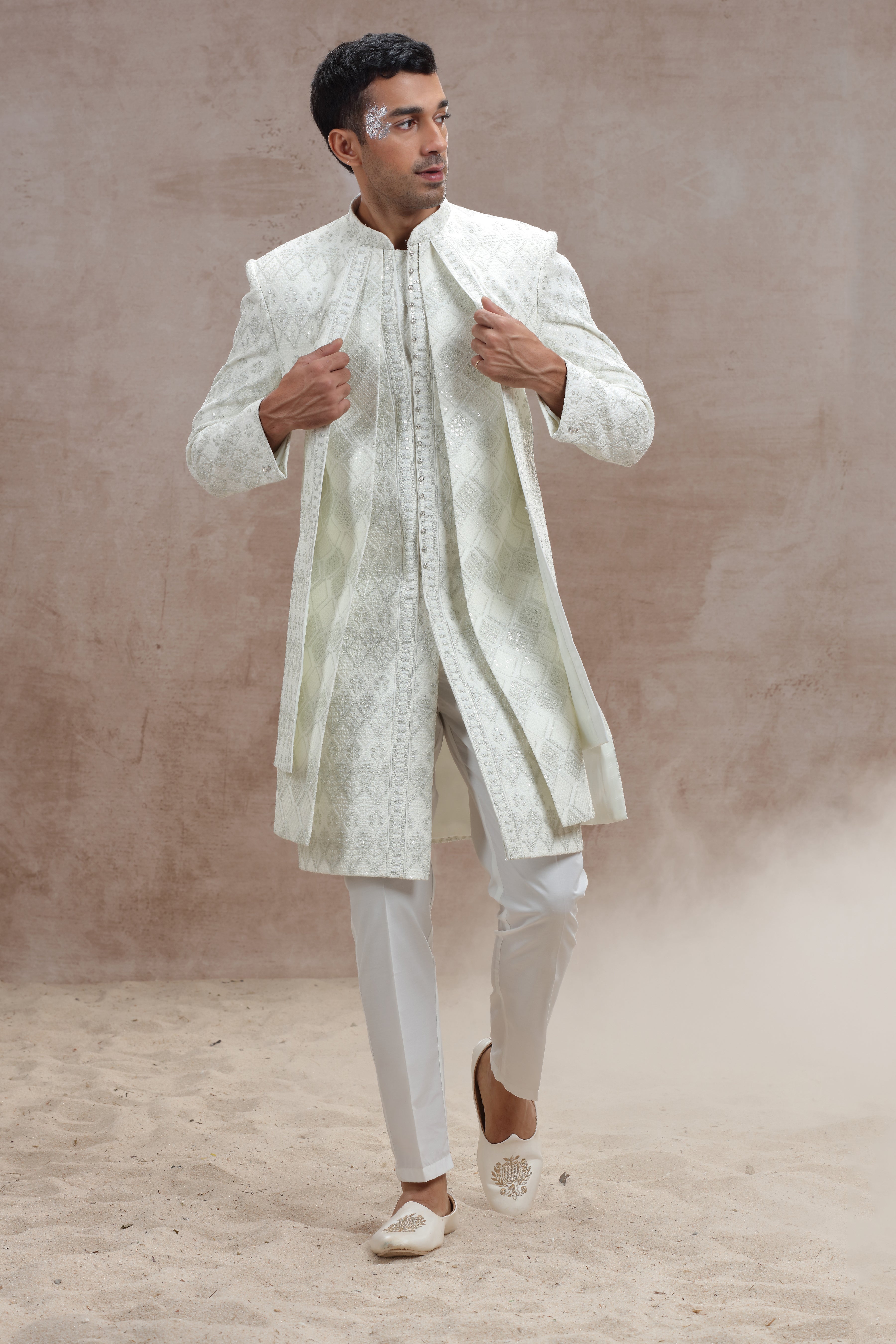 Ivory Sherwani with Elegant Thread Work & Sequences