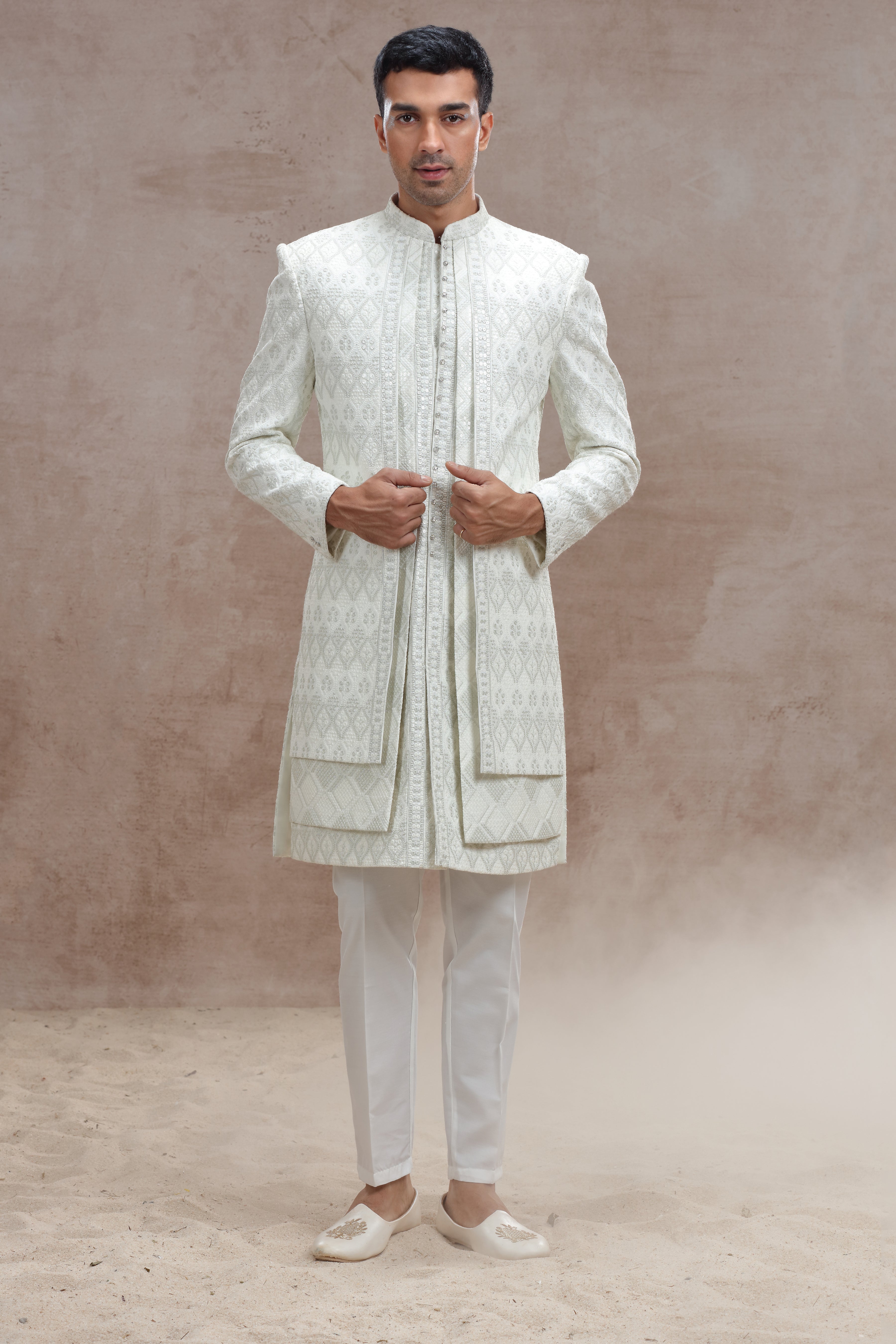 Ivory Sherwani with Elegant Thread Work & Sequences