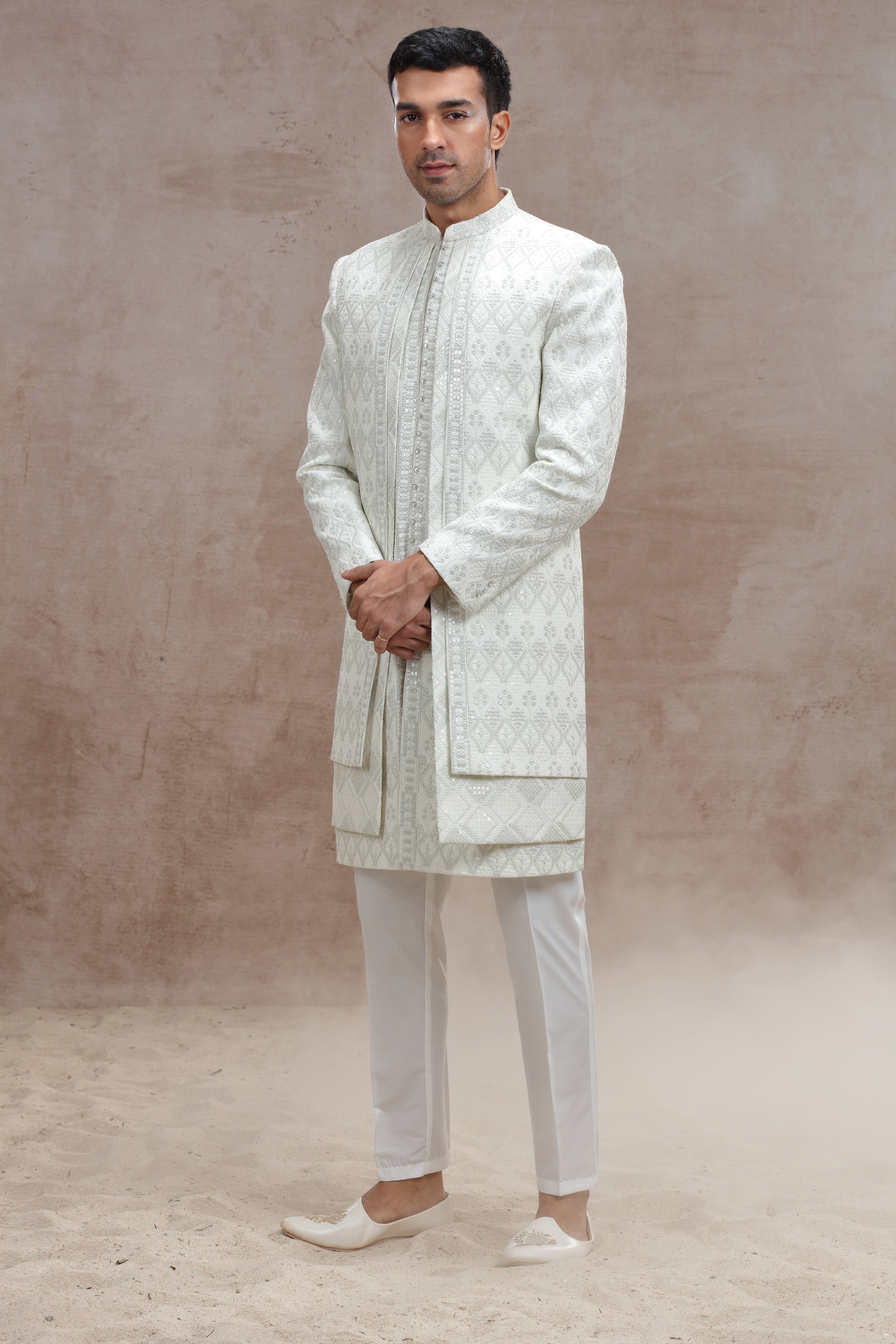 Ivory Sherwani with Elegant Thread Work & Sequences