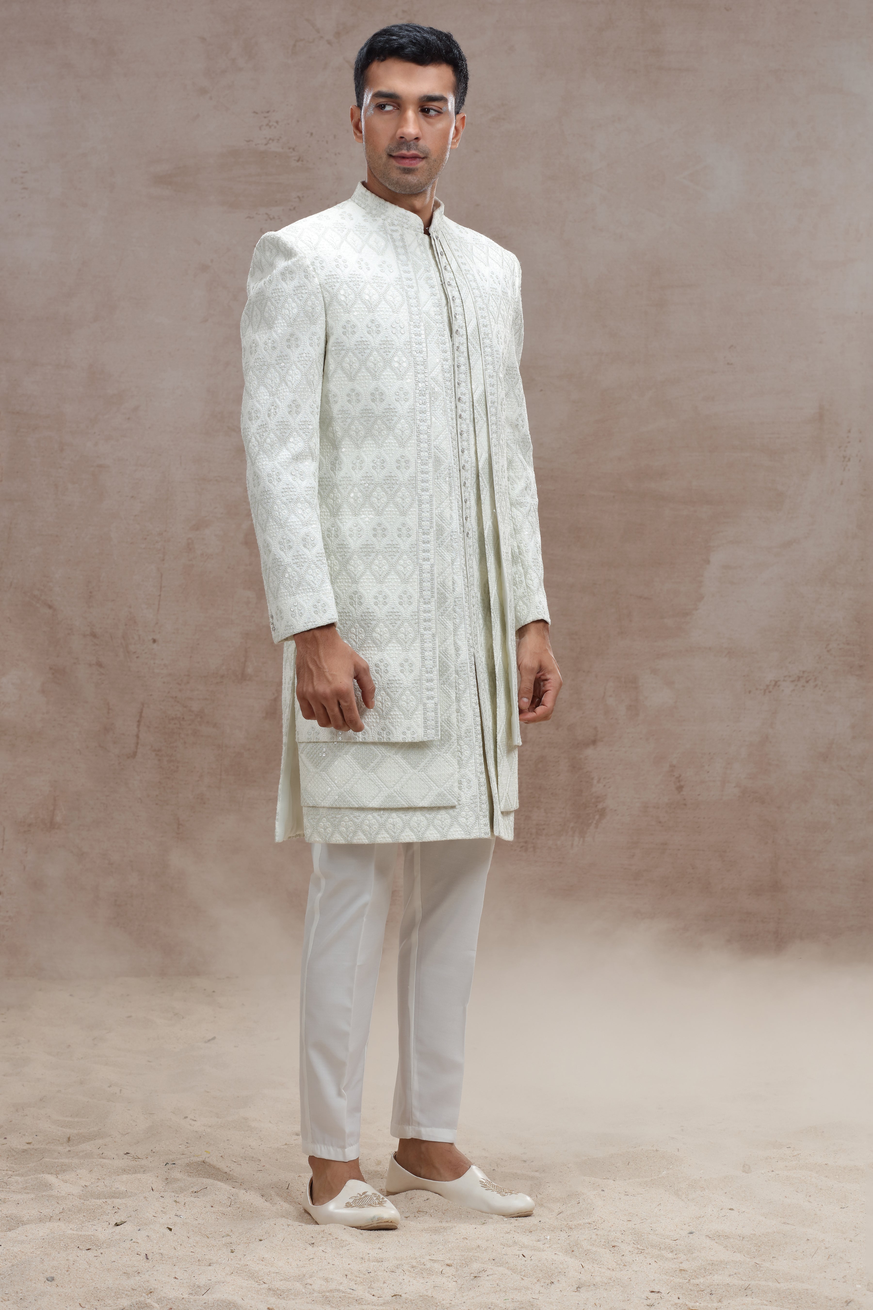 Ivory Sherwani with Elegant Thread Work & Sequences