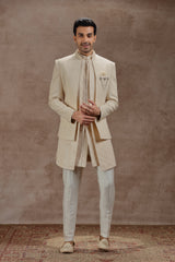 Cream Indowestern Jacket Set with Floral Motifs