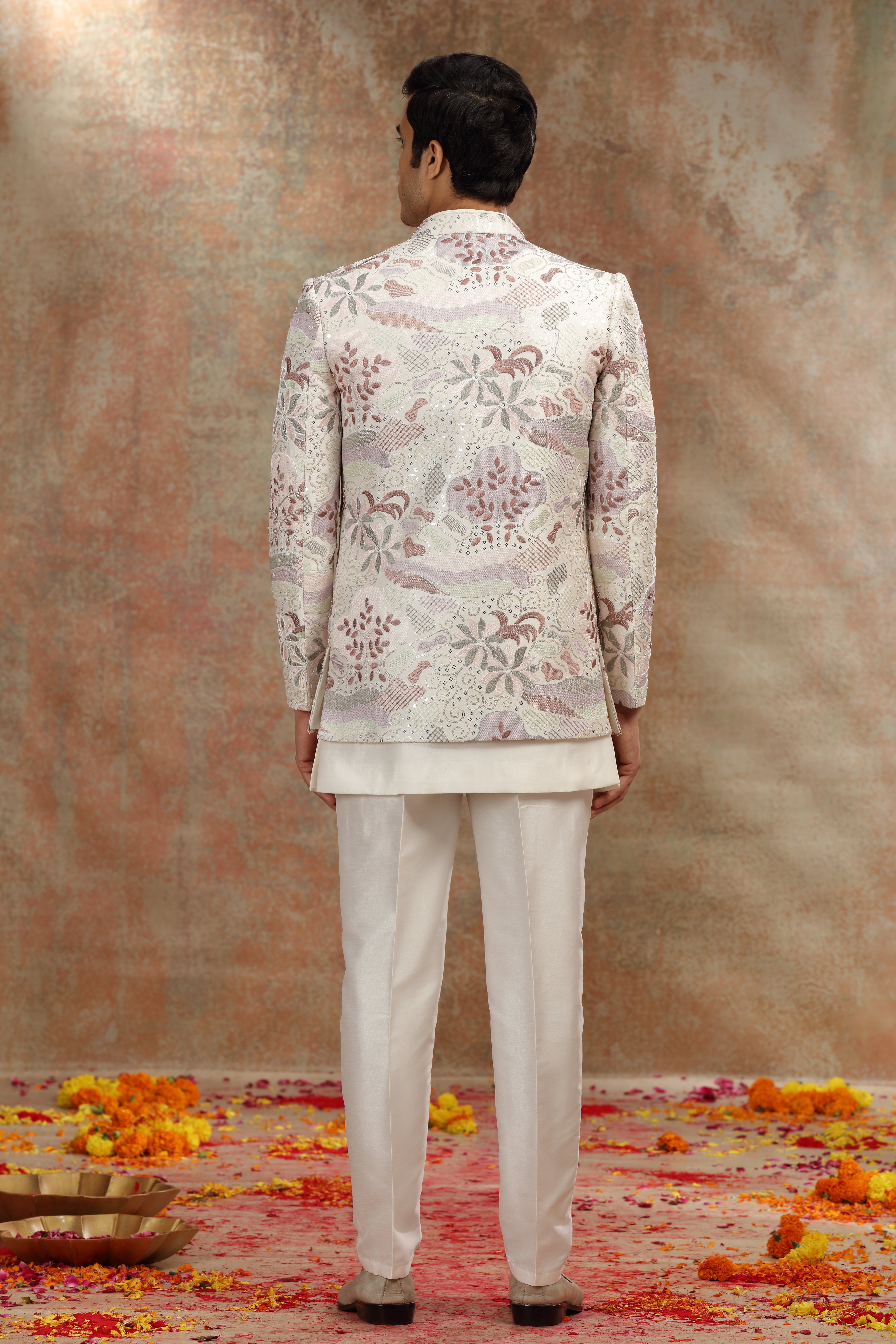 Cream Silk Jodhpuri Suit with Resham Zardosi Work