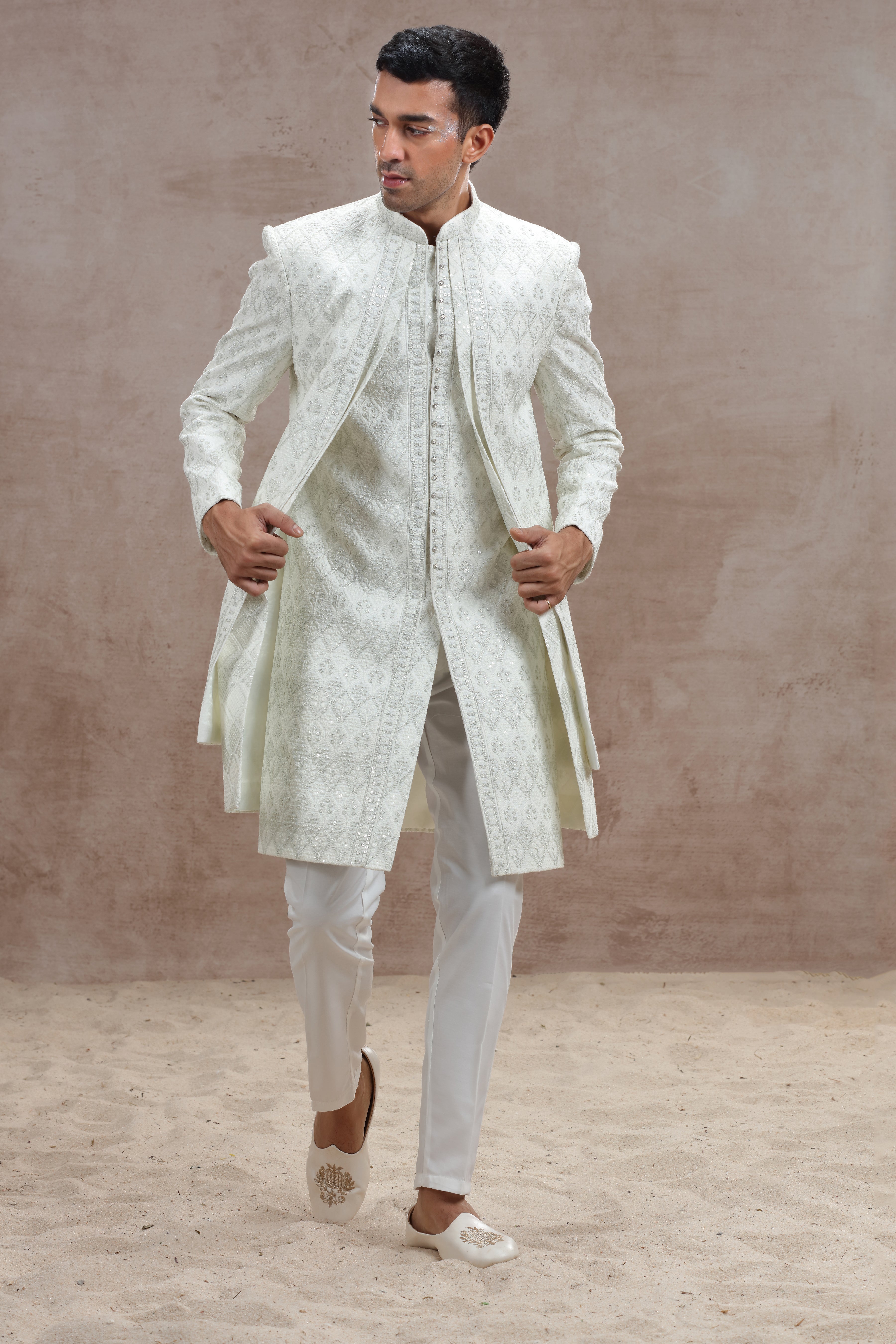 Ivory Sherwani with Elegant Thread Work & Sequences