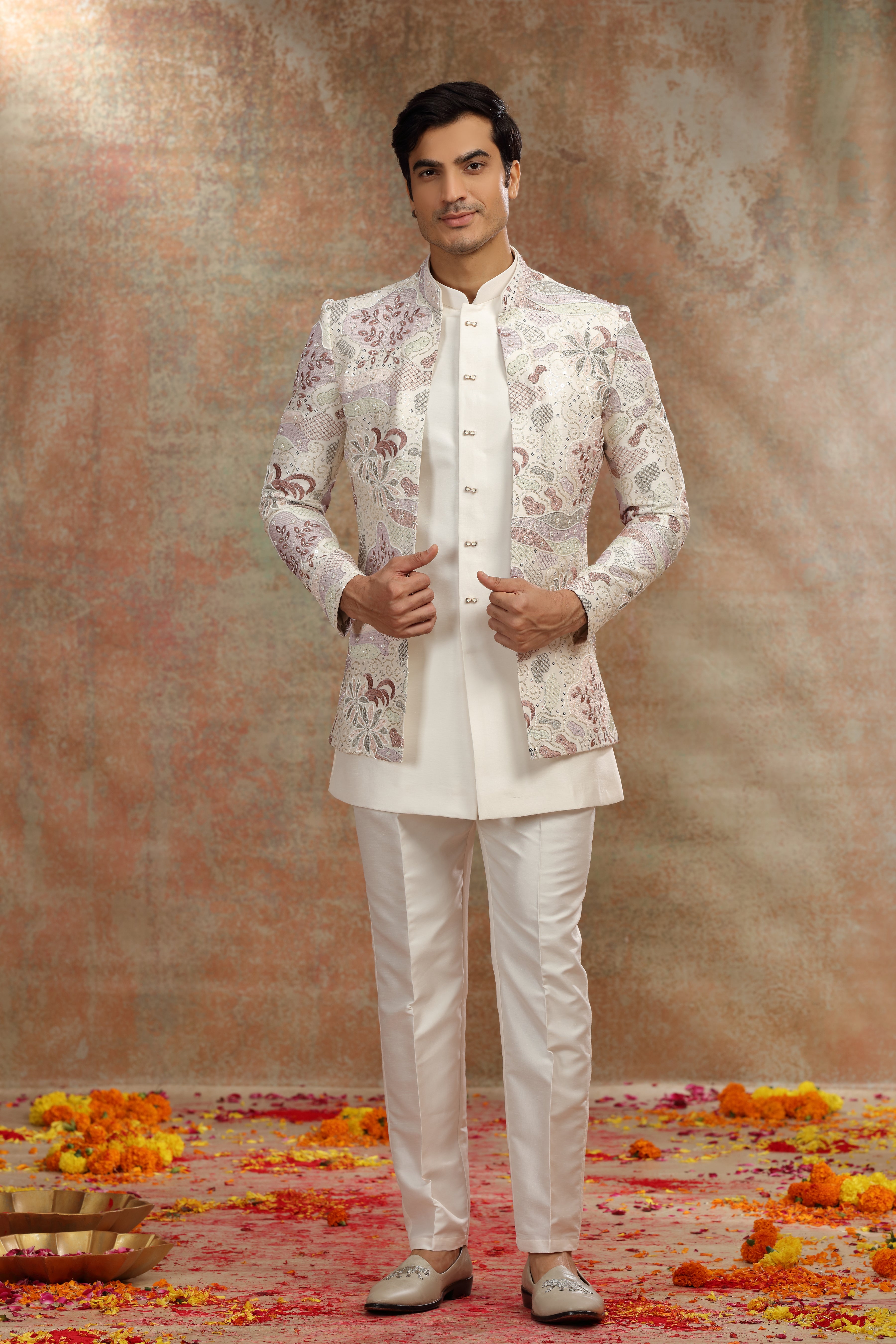 Cream Silk Jodhpuri Suit with Resham Zardosi Work