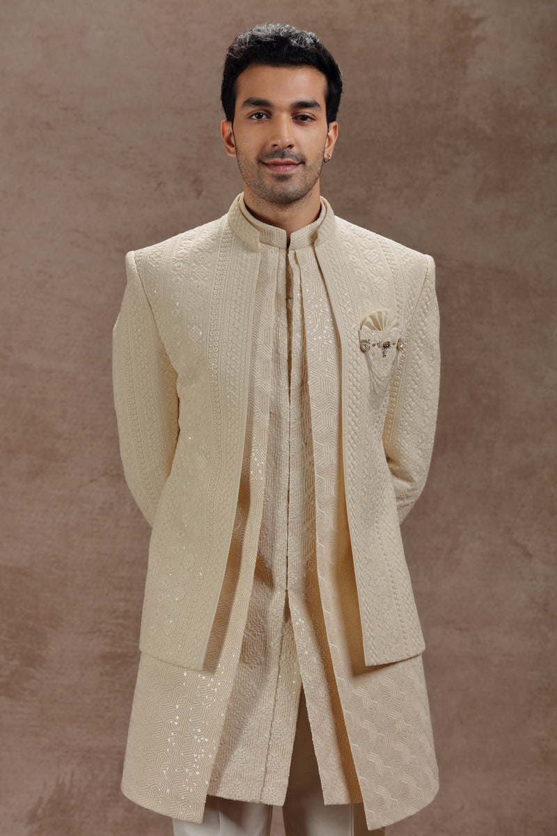 Cream Indowestern Jacket Set with Floral Motifs