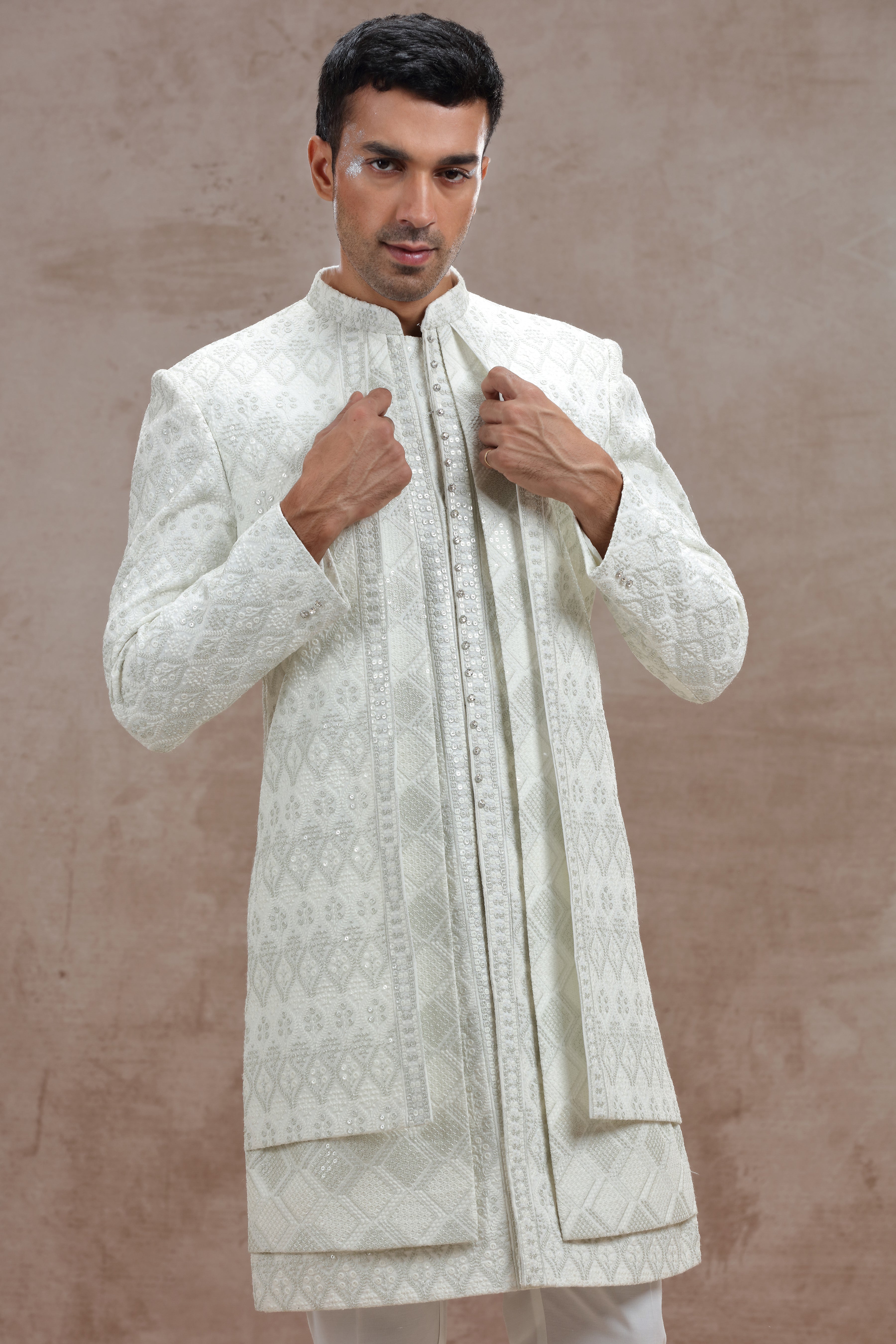 Ivory Sherwani with Elegant Thread Work & Sequences