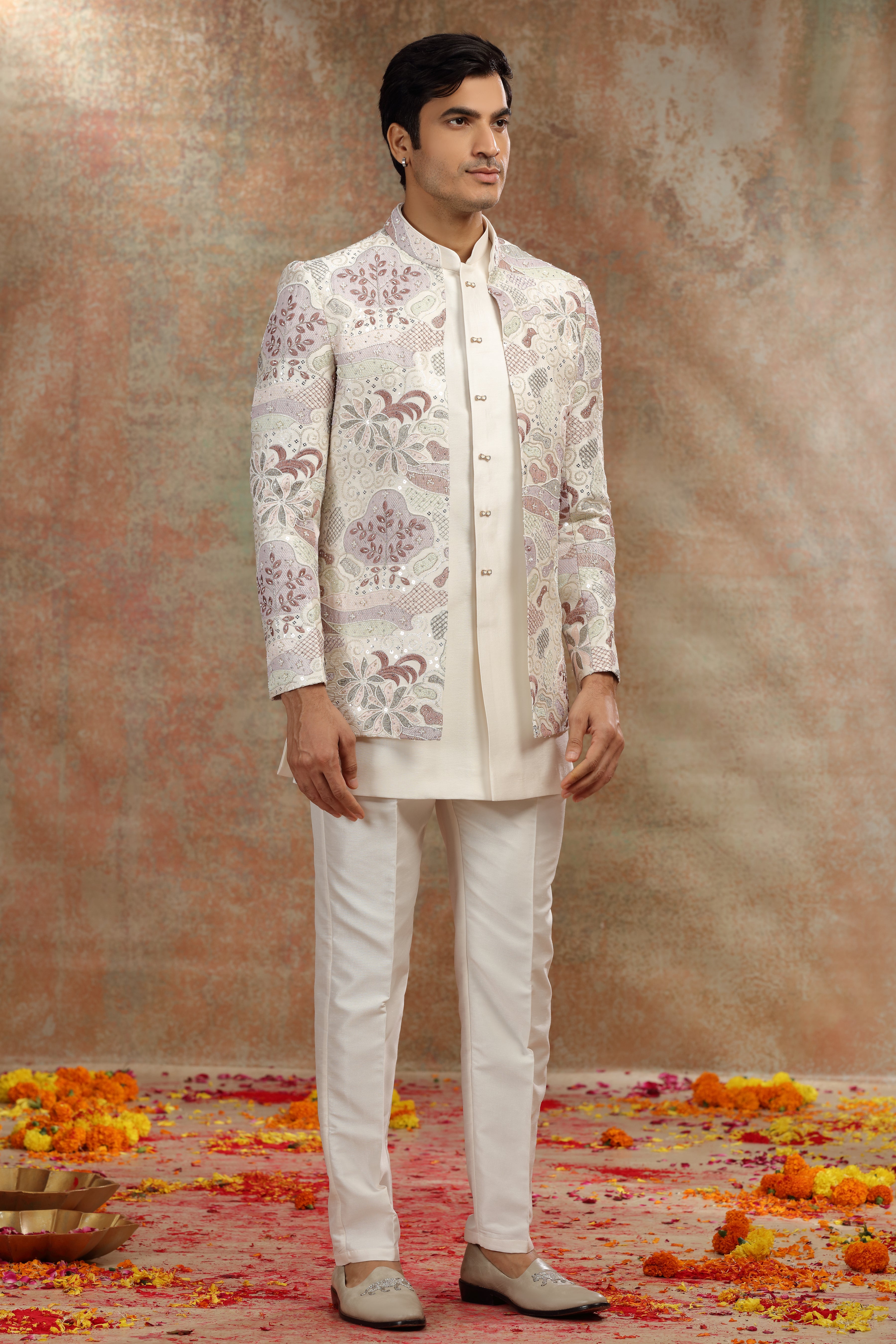 Cream Silk Jodhpuri Suit with Resham Zardosi Work