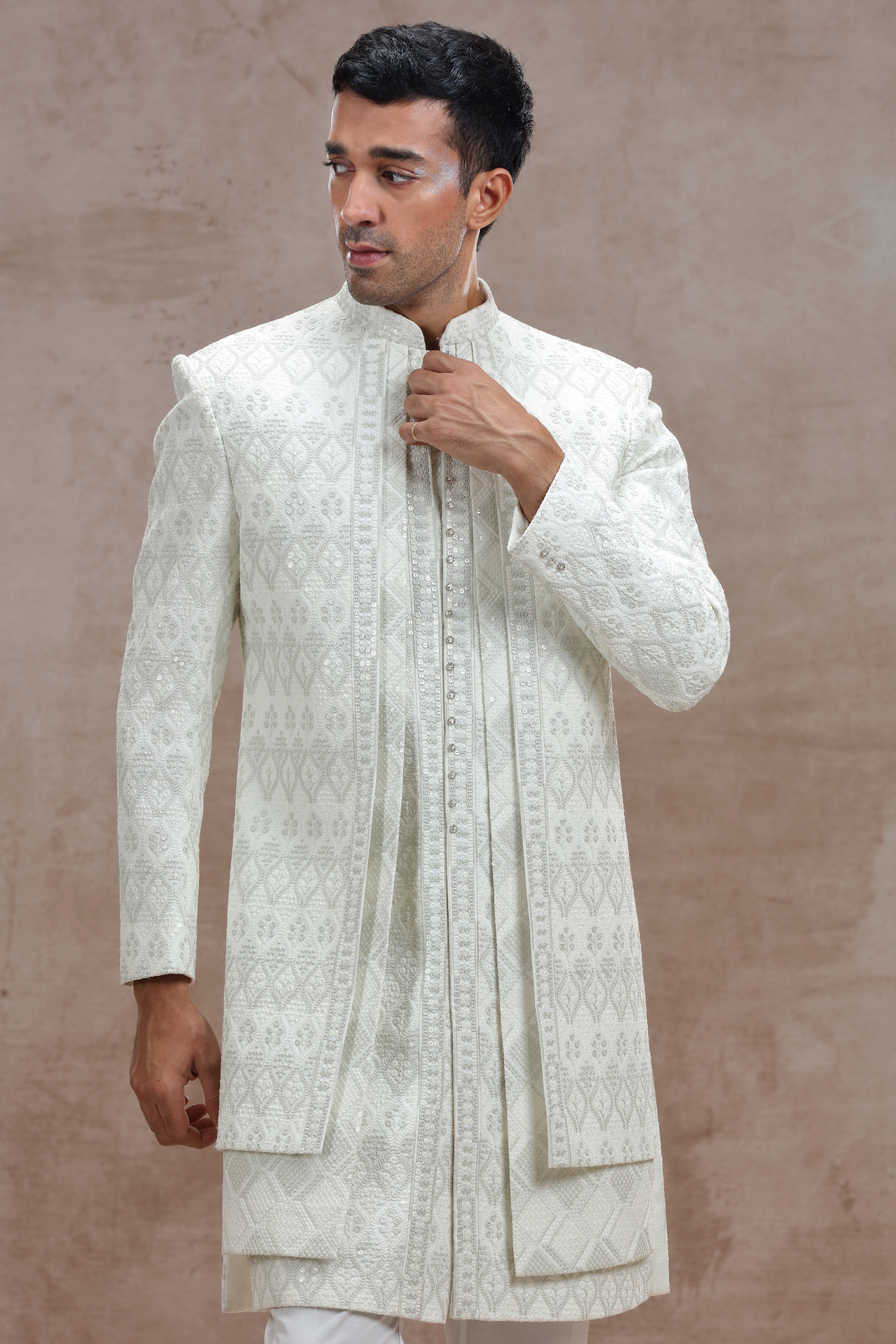 Ivory Sherwani with Elegant Thread Work & Sequences