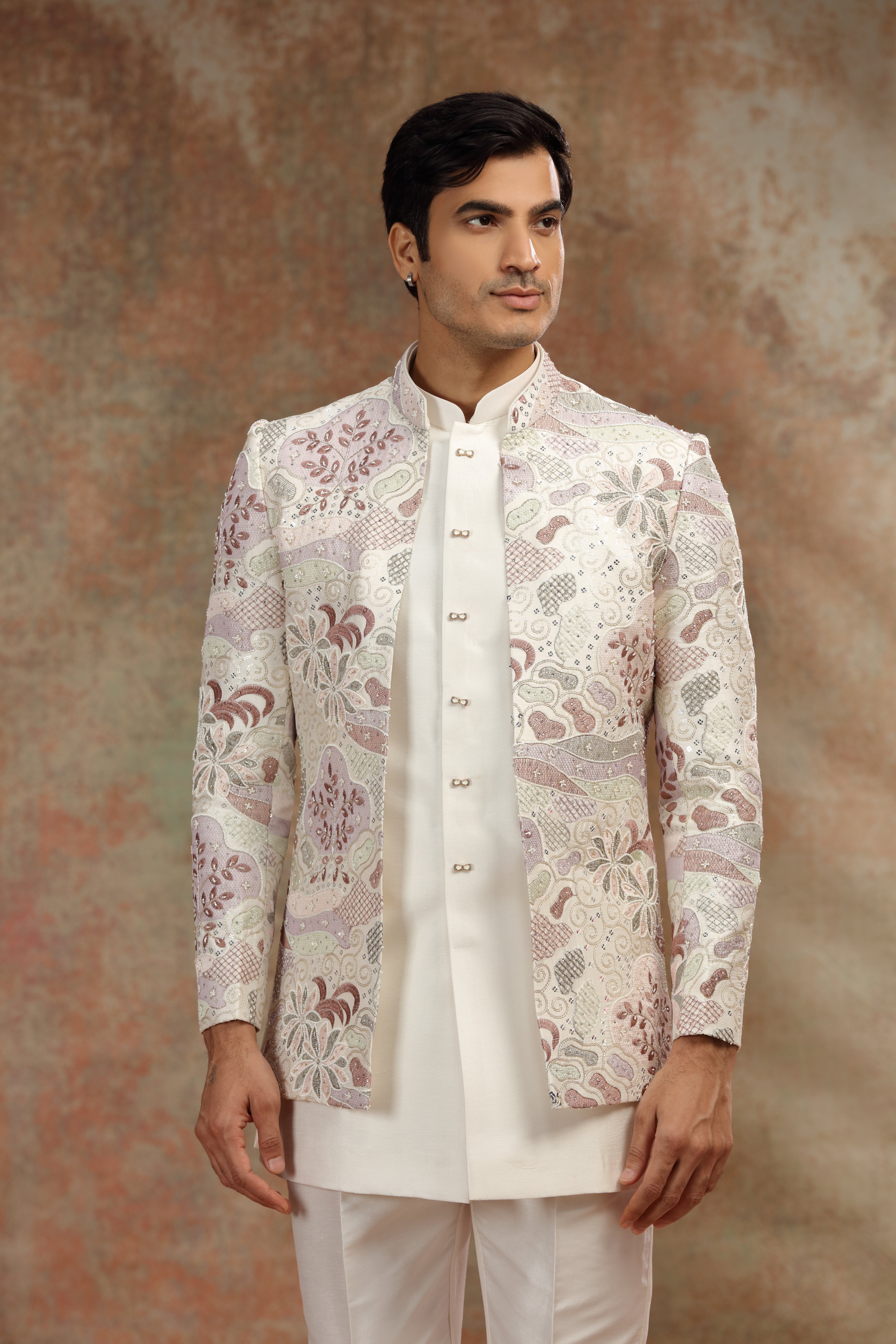 Cream Silk Jodhpuri Suit with Resham Zardosi Work