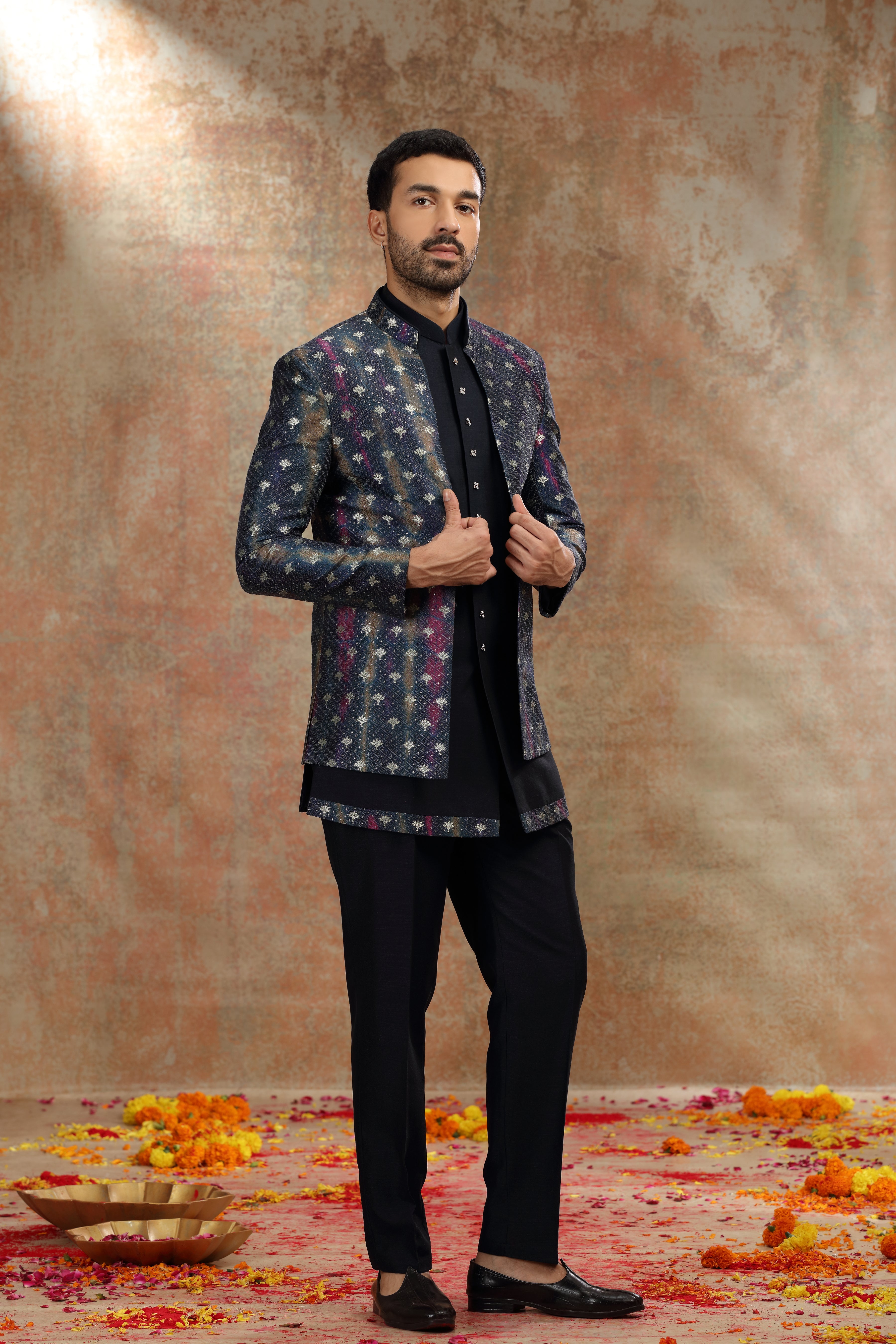 Dark Blue Silk Jodhpuri Suit with Print and Thread Work