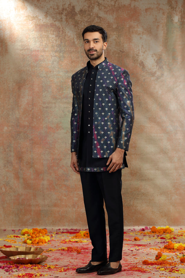 Dark Blue Silk Jodhpuri Suit with Print and Thread Work
