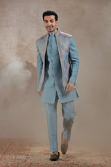 Pastel Sea Green Silk Jacket Set With Abstract Print