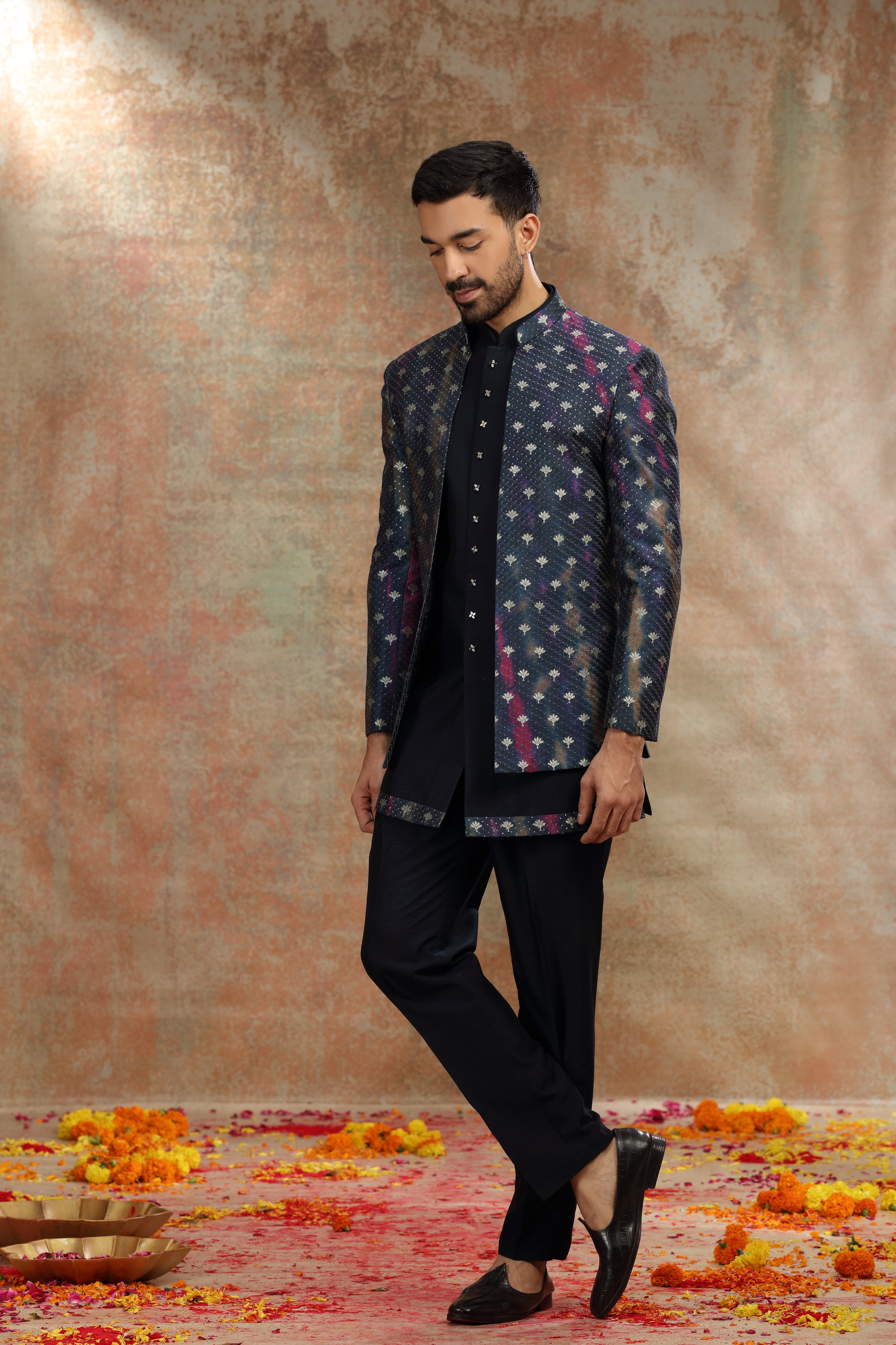 Dark Blue Silk Jodhpuri Suit with Print and Thread Work