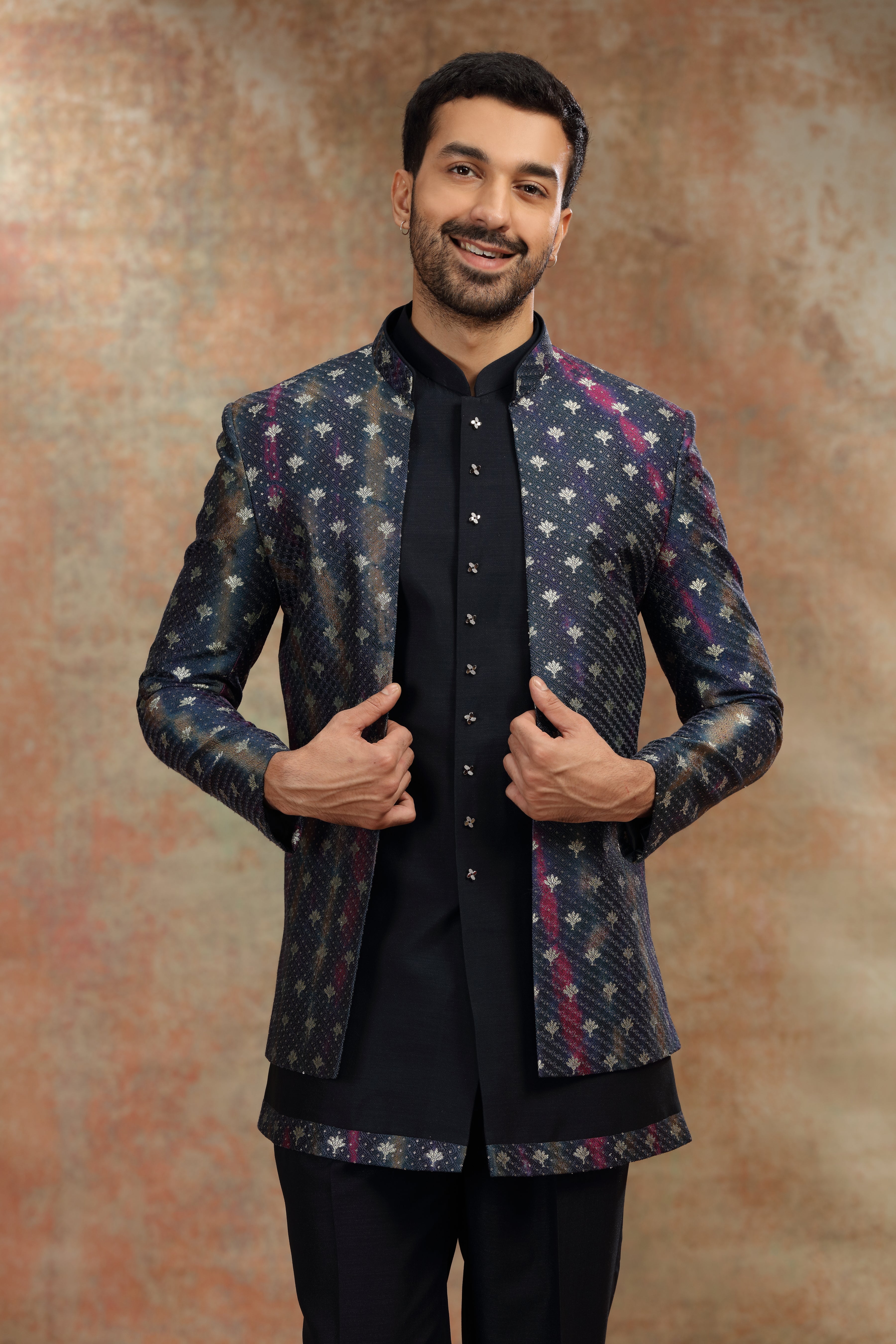 Dark Blue Silk Jodhpuri Suit with Print and Thread Work