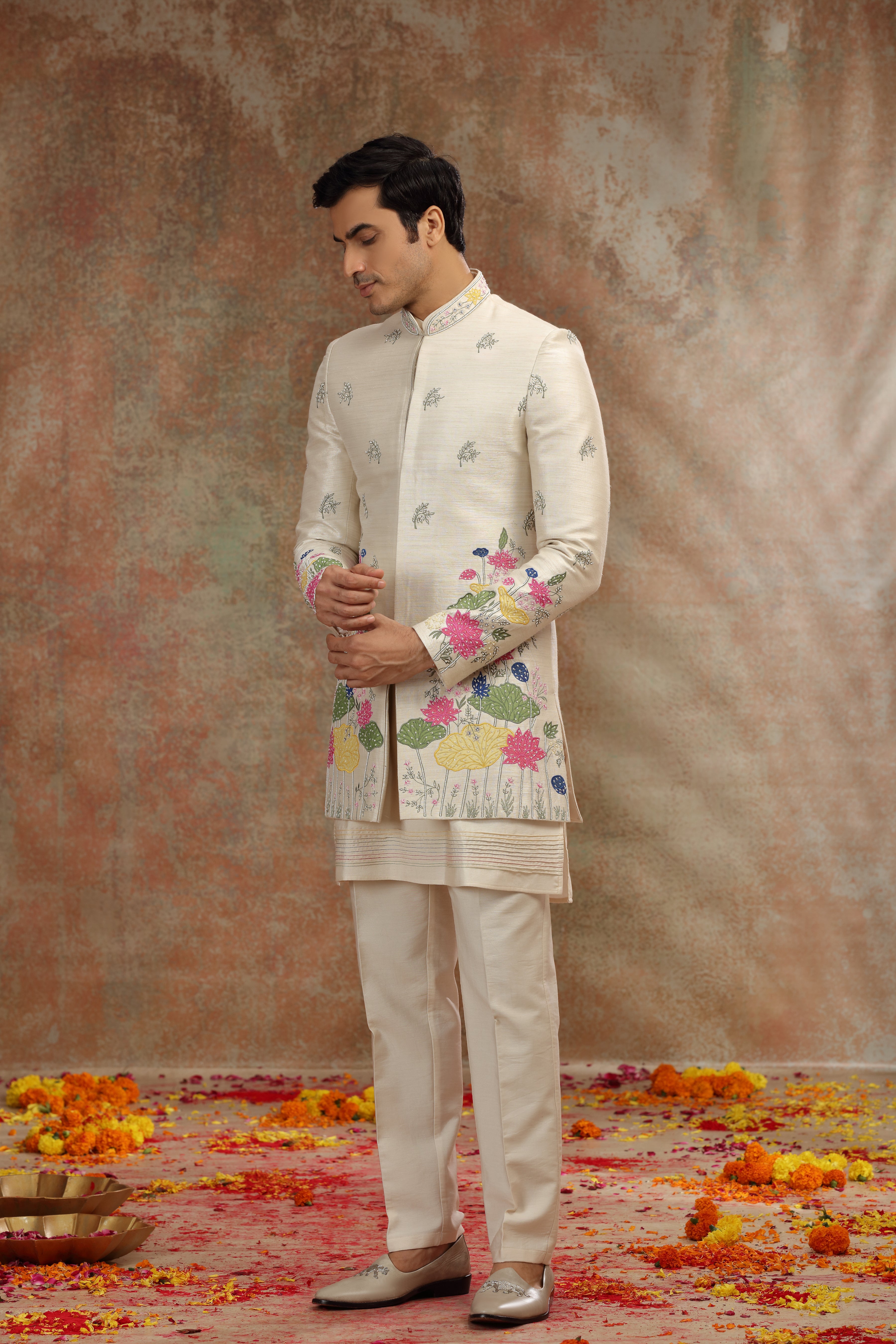 Light Beige Silk Tissue Indo Western with Patch Work