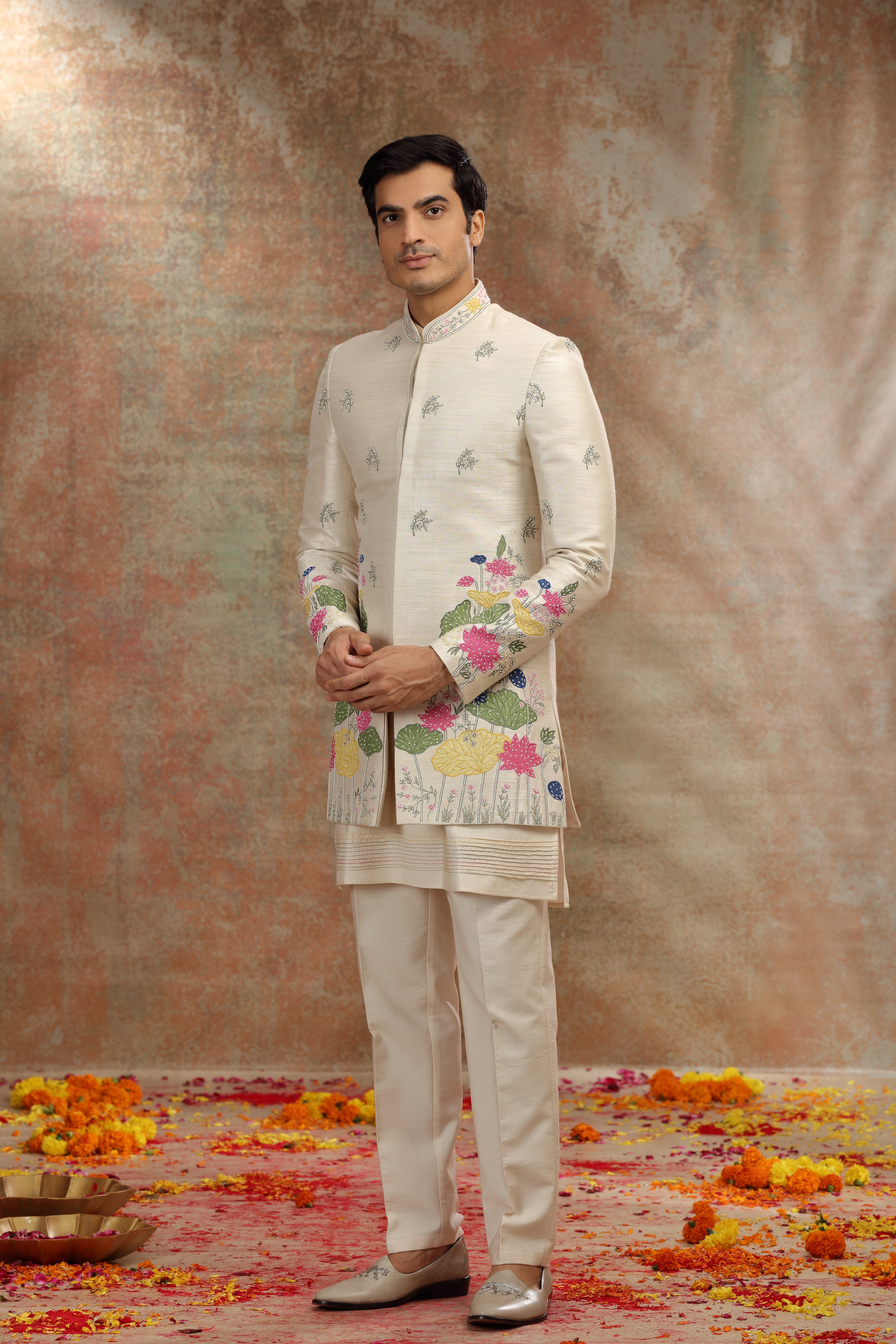 Light Beige Silk Tissue Indo Western with Patch Work