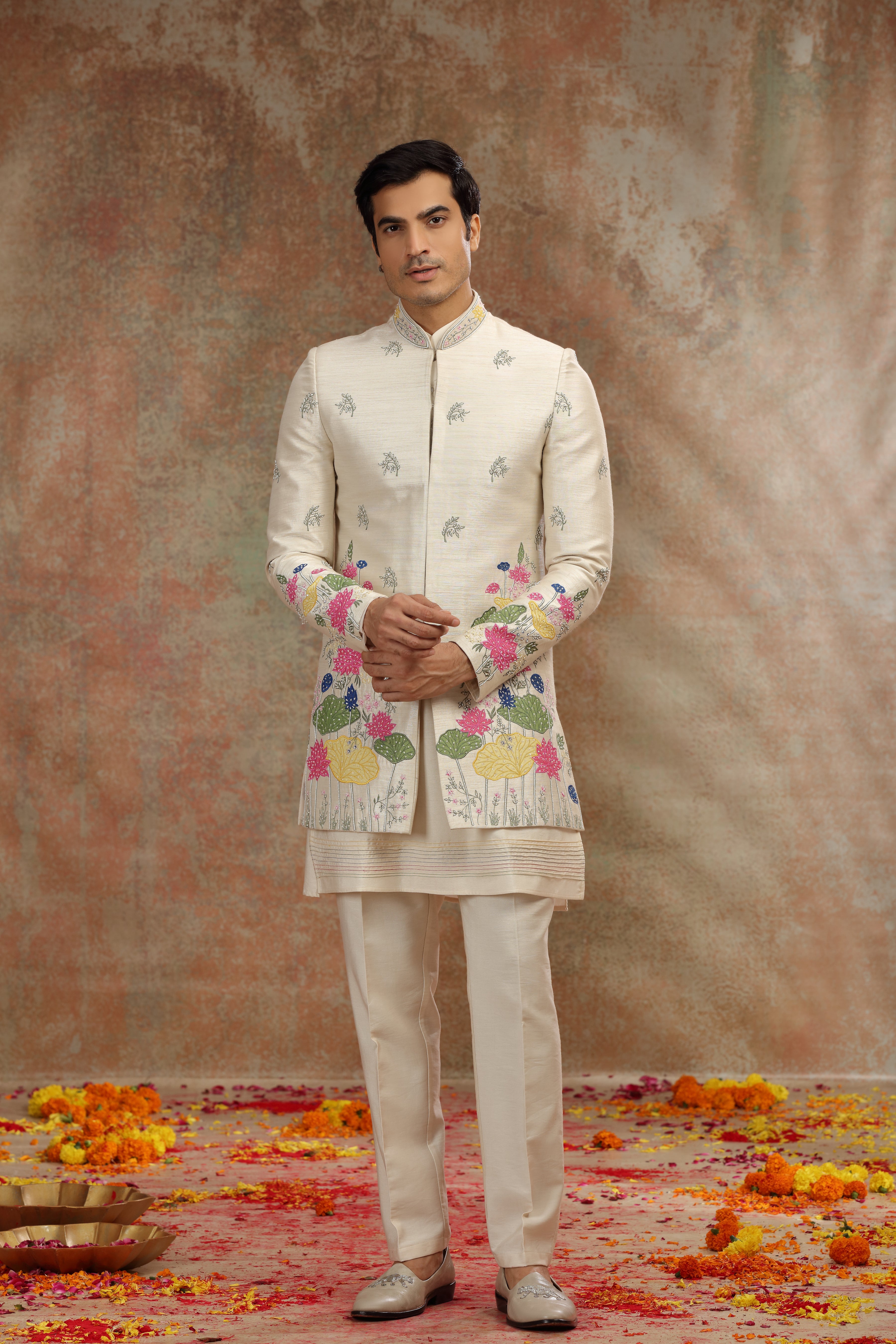Light Beige Silk Tissue Indo Western with Patch Work