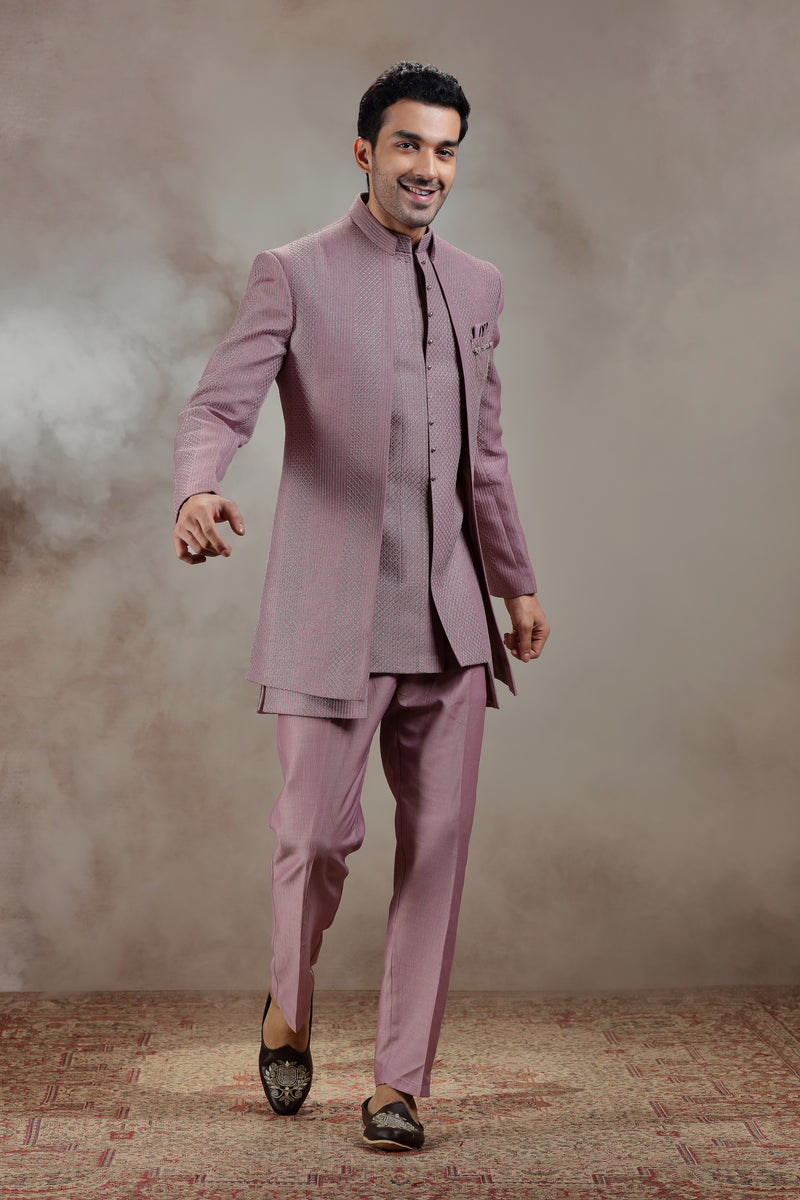 Lilac Indowestern Jacket Set with Geometric Embroidery