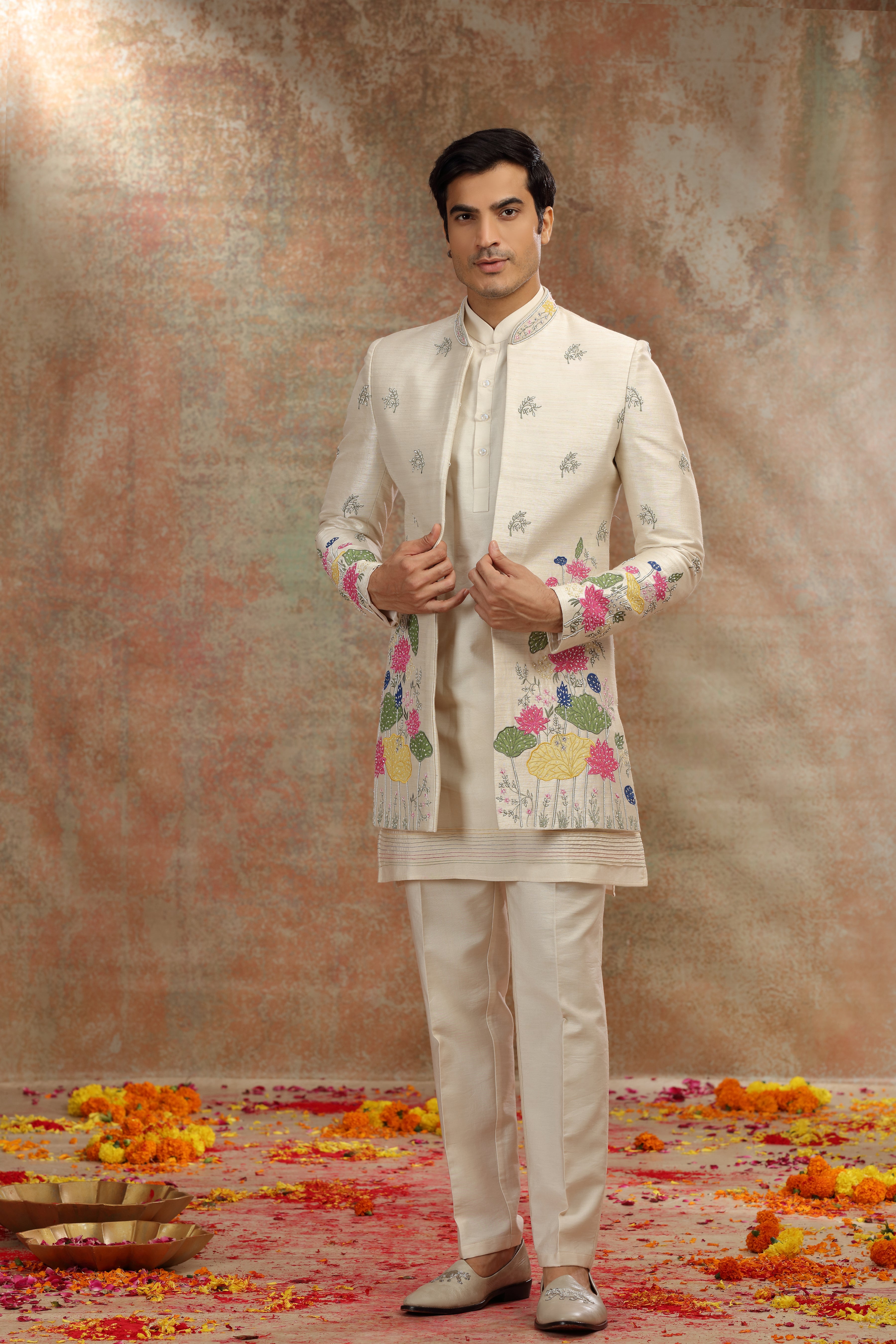Light Beige Silk Tissue Indo Western with Patch Work