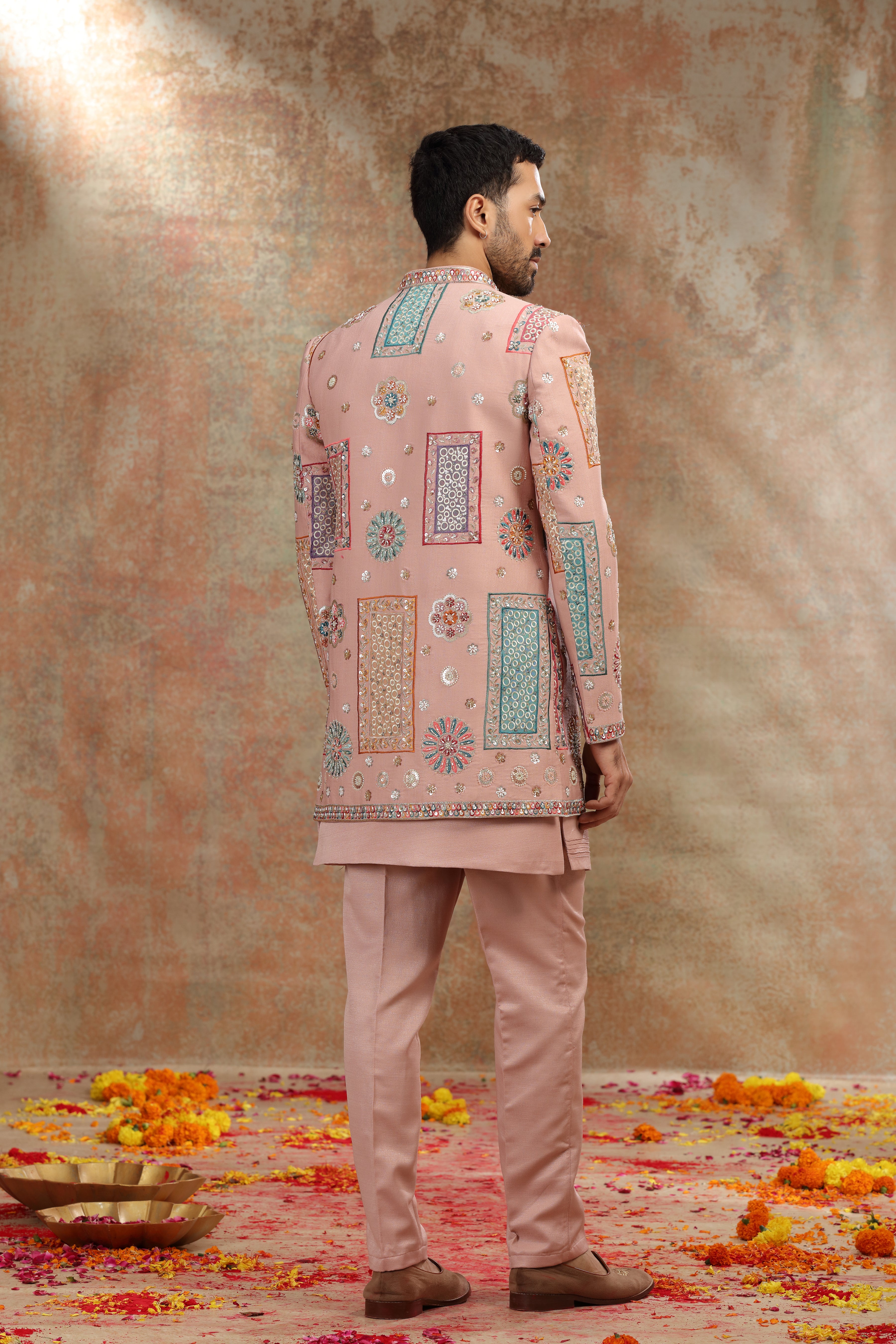 Onion Pink Silk Indo Western with Sequins Work