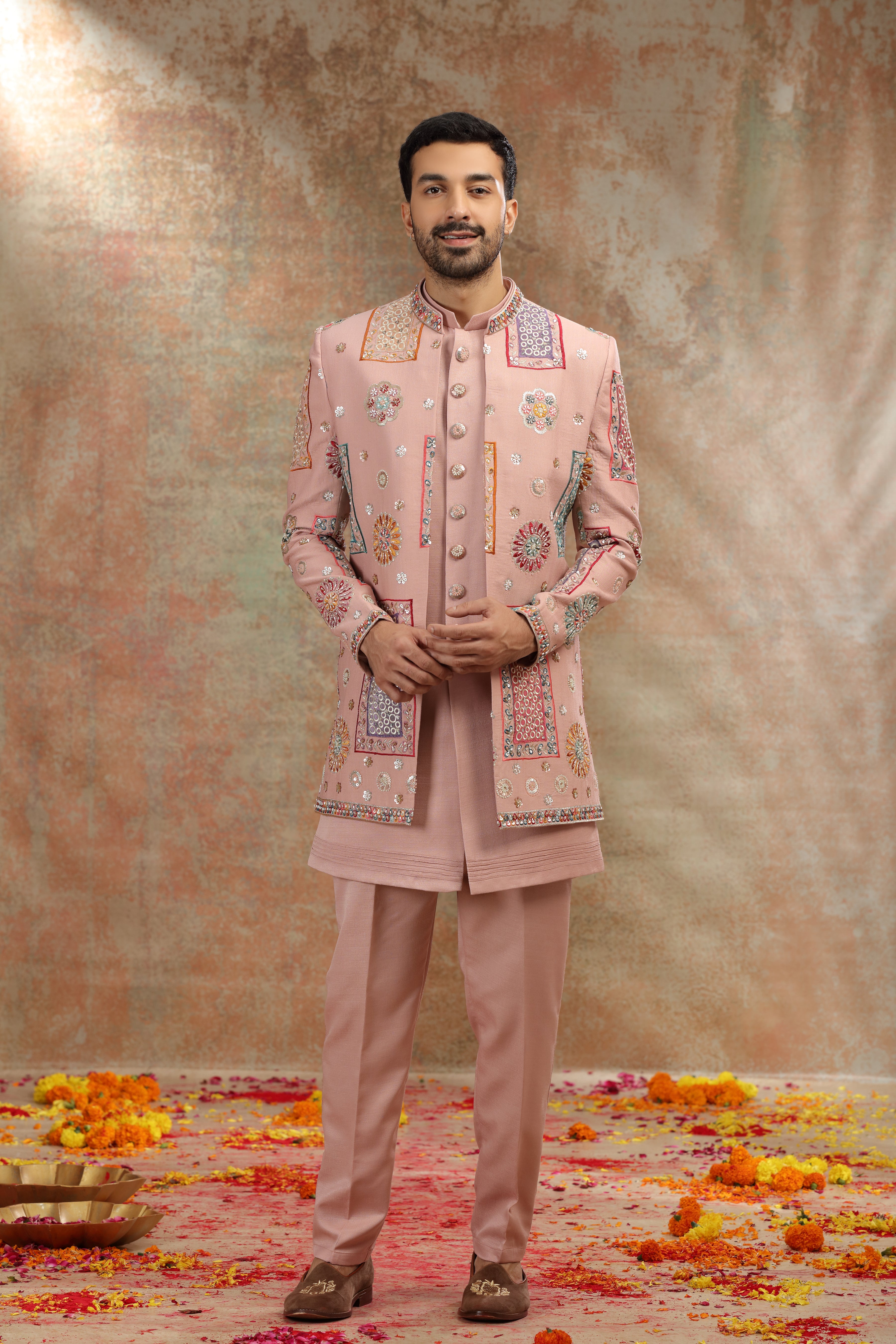 Onion Pink Silk Indo Western with Sequins Work