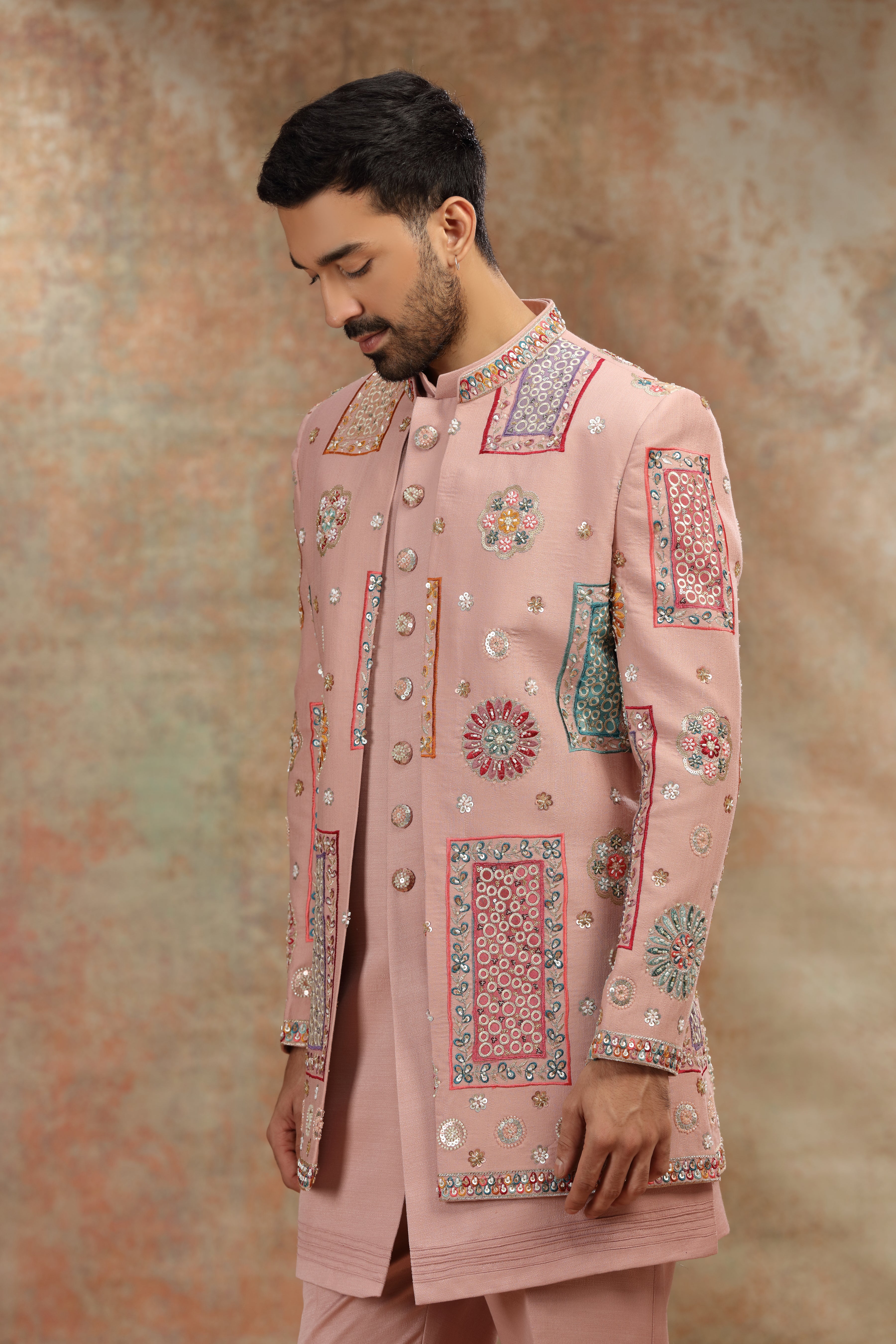 Onion Pink Silk Indo Western with Sequins Work